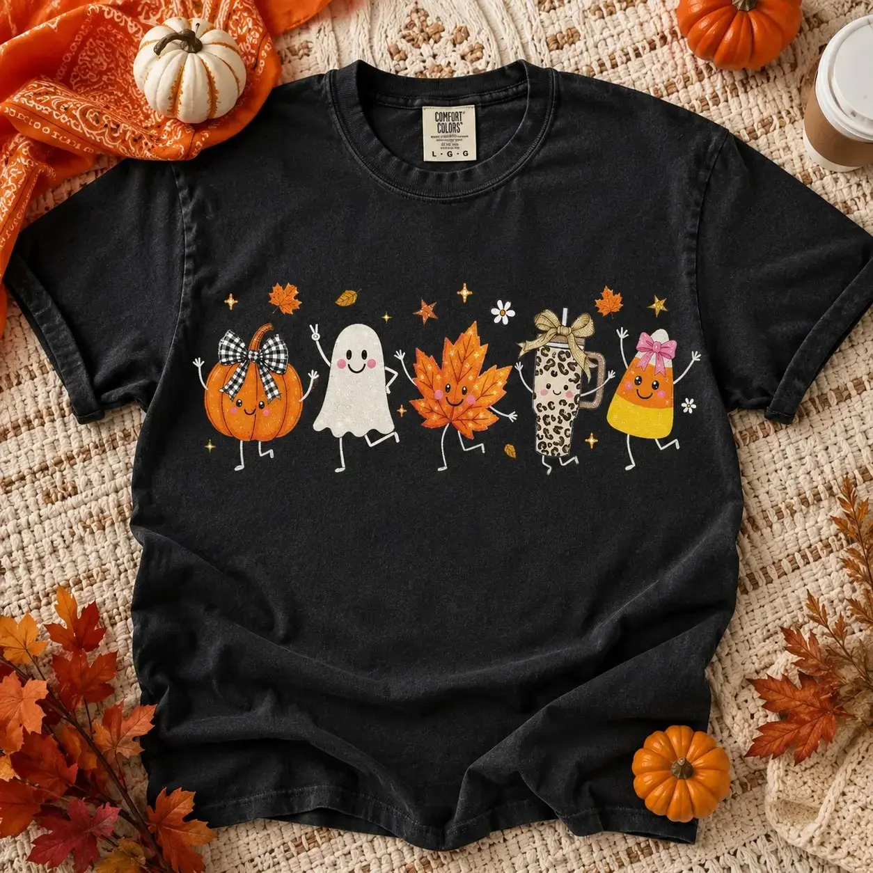 Comfort Colors Dancing Pumpkin Ghost Maple Leaf Vintage T-Shirt for Women, Cute Cozy Spooky Autumn Tee, Fall Halloween Gift