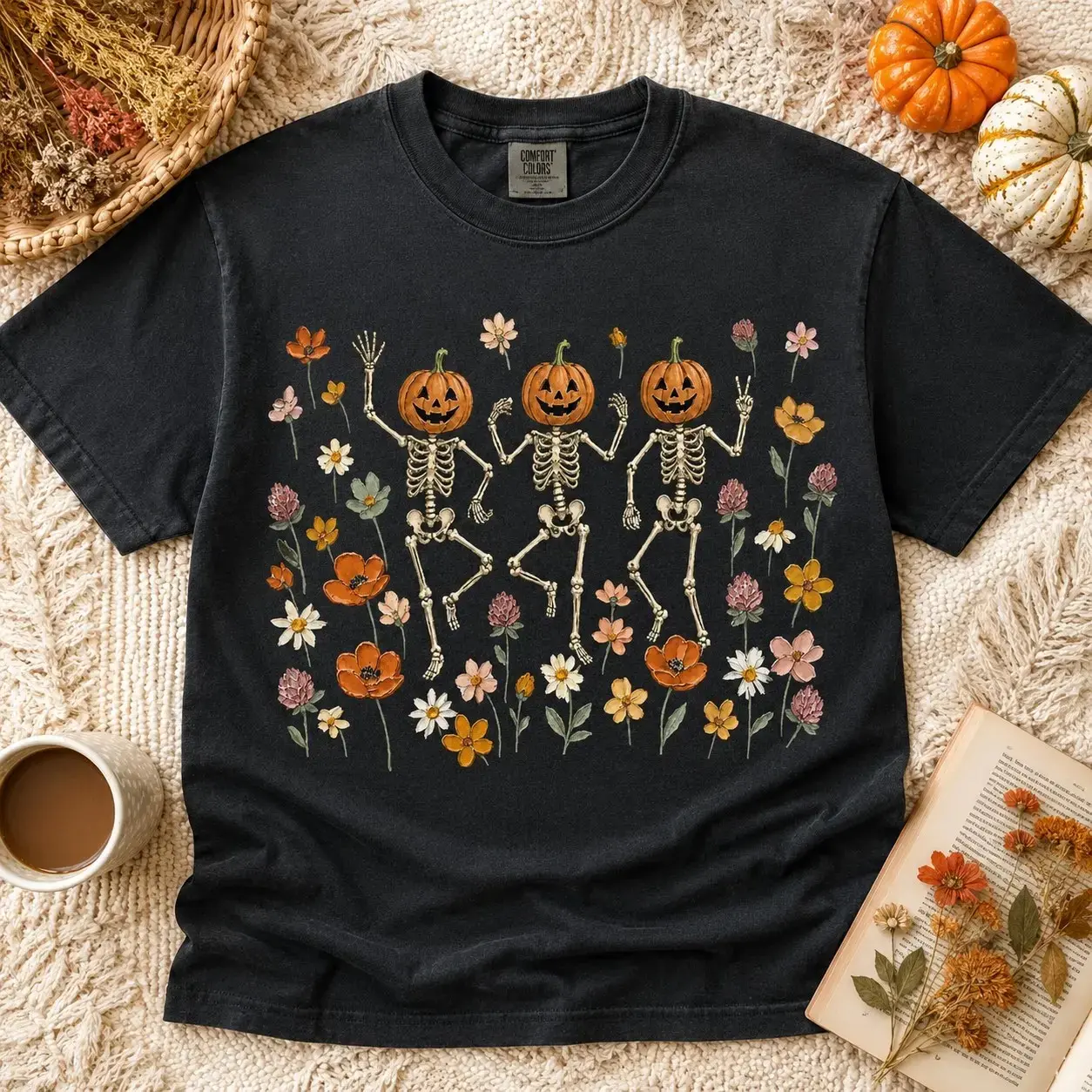 Comfort Colors Dancing Pumpkin Skeletons Wildflowers Shirt for Women, Vintage Halloween Tee, Aesthetic Botanical Autumn Top