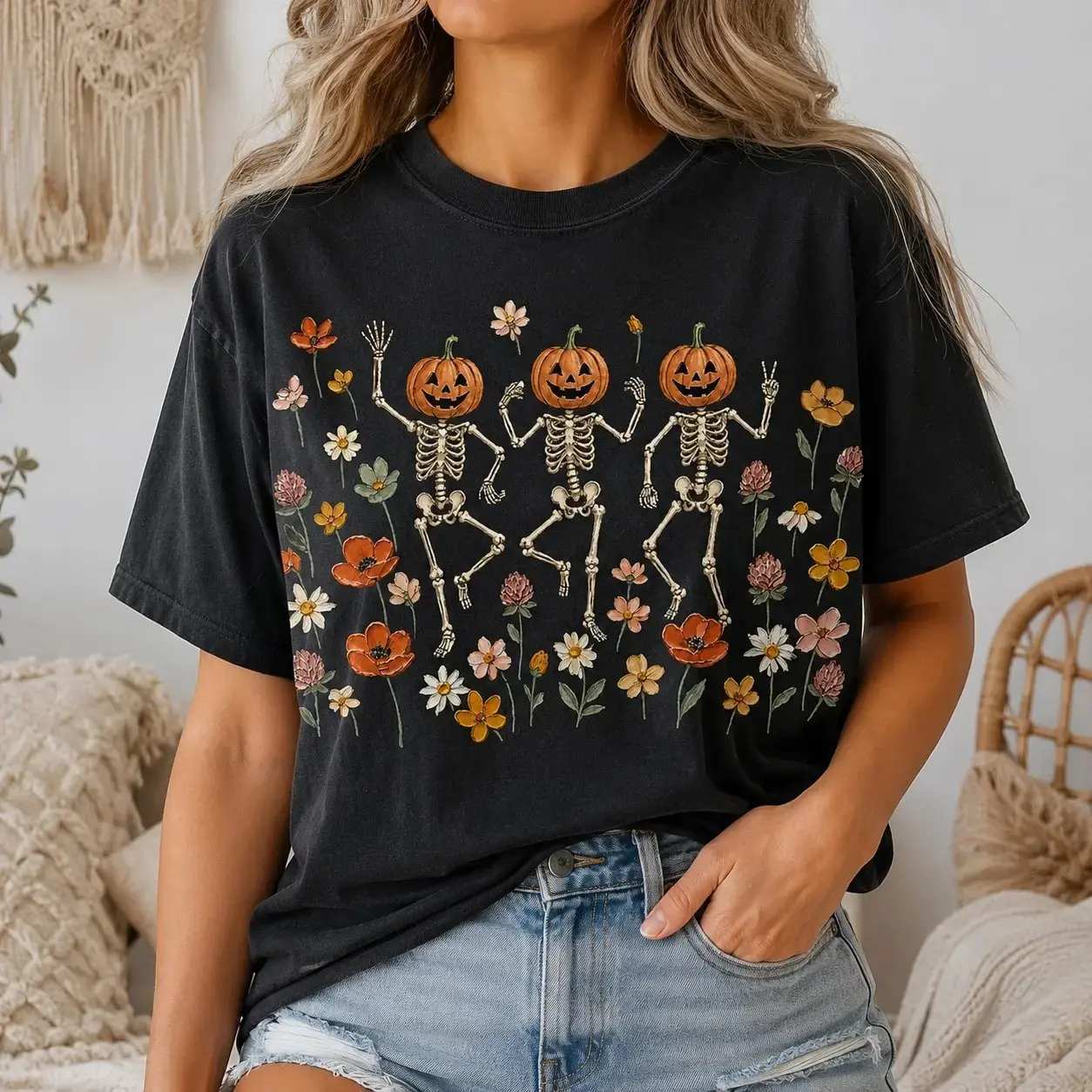 Comfort Colors Dancing Pumpkin Skeletons Wildflowers Shirt for Women, Vintage Halloween Tee, Aesthetic Botanical Autumn Top - photo 2