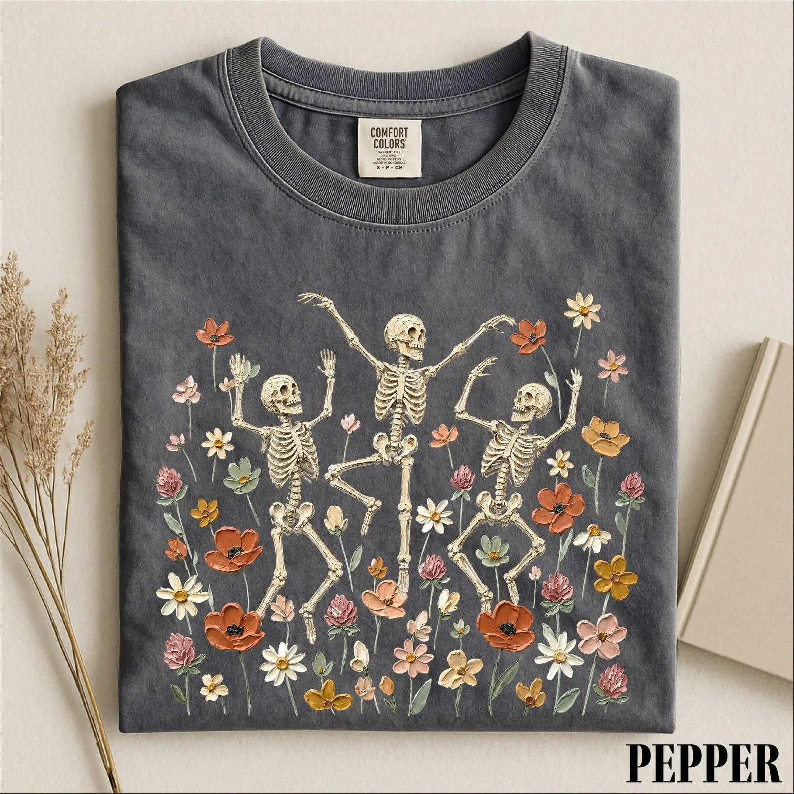 Comfort Colors Dancing Skeleton Fall Shirt, Cute Floral Halloween Graphic Tee - photo 2