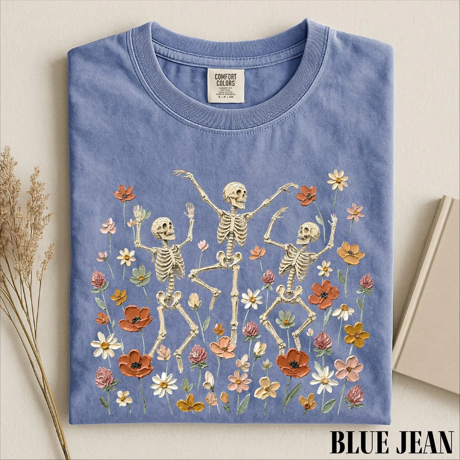 Comfort Colors Dancing Skeleton Fall Shirt, Cute Floral Halloween Graphic Tee - photo 3