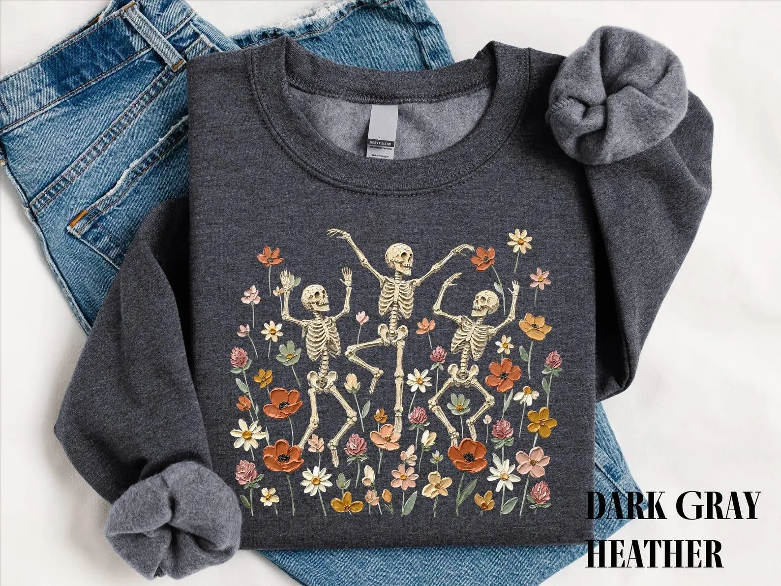 Comfort Colors Dancing Skeleton Fall Shirt, Cute Floral Halloween Graphic Tee - photo 4