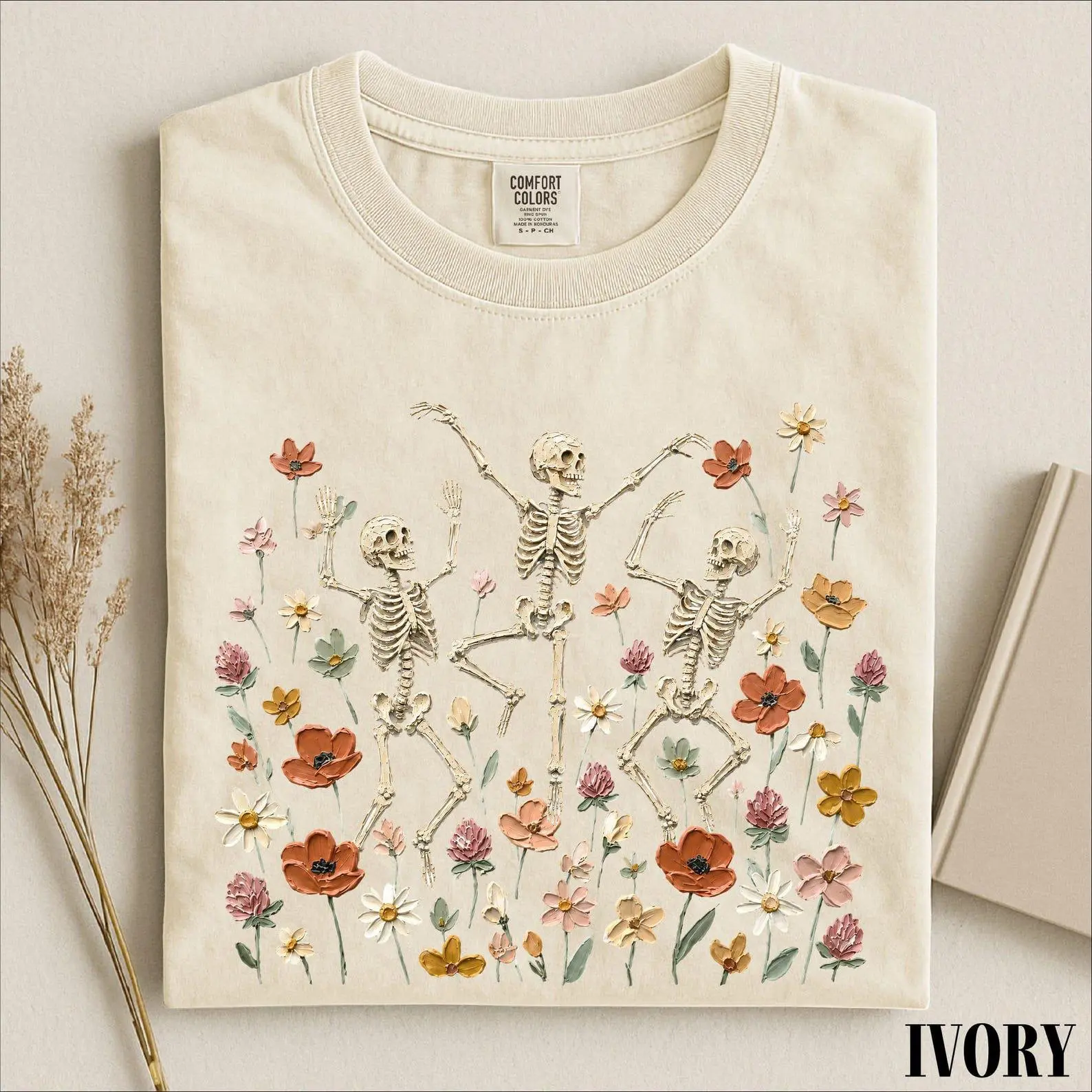 Comfort Colors Dancing Skeleton Fall Shirt, Cute Floral Halloween Graphic Tee - photo 5