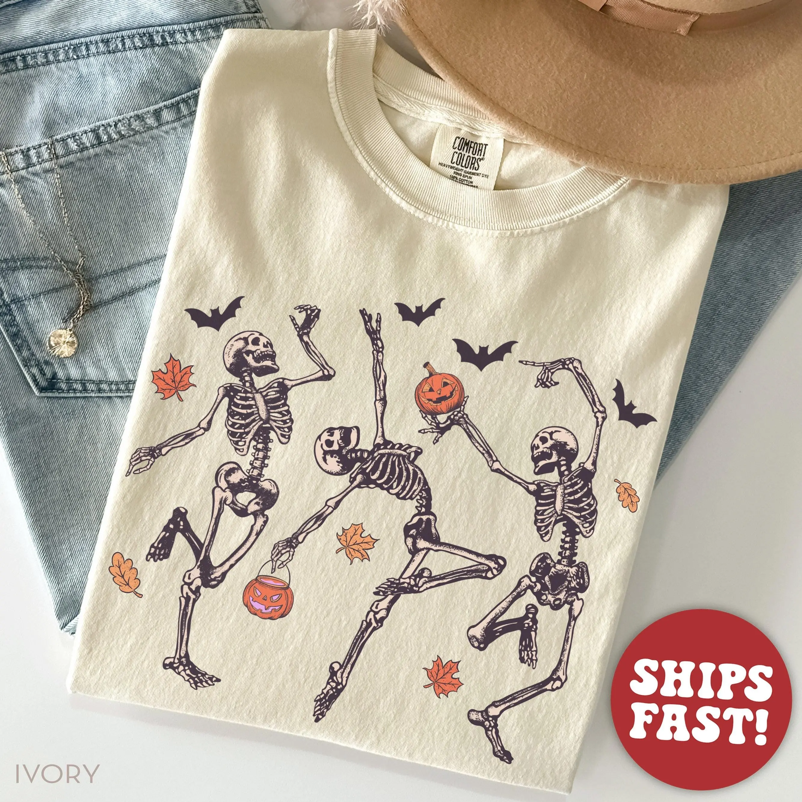 Comfort Colors Dancing Skeleton T-Shirt, Halloween Pumpkin Graphic Tee