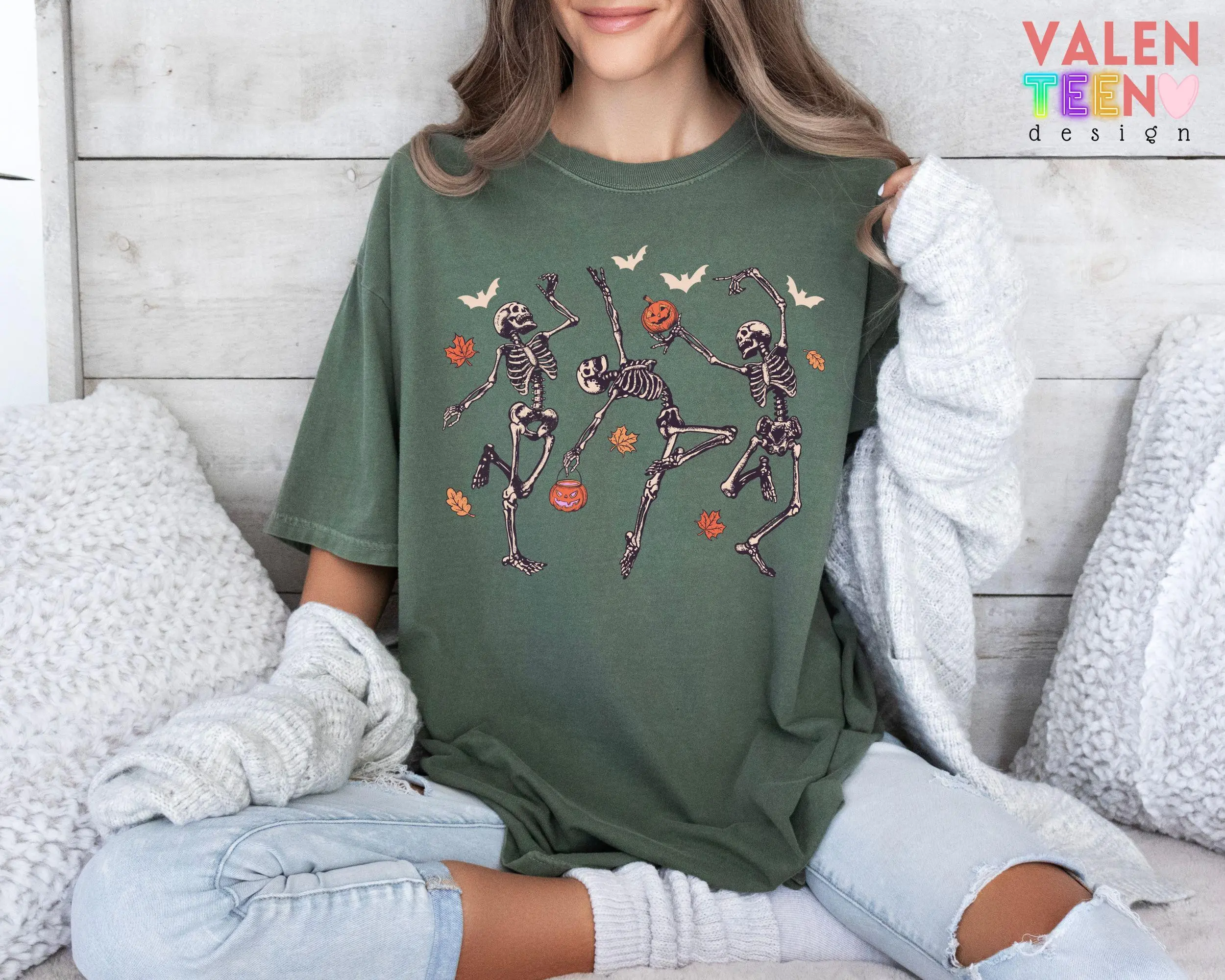 Comfort Colors Dancing Skeletons Shirt, Unisex Preppy Haunted House Ghost Girly Spooky Season Tee - photo 2