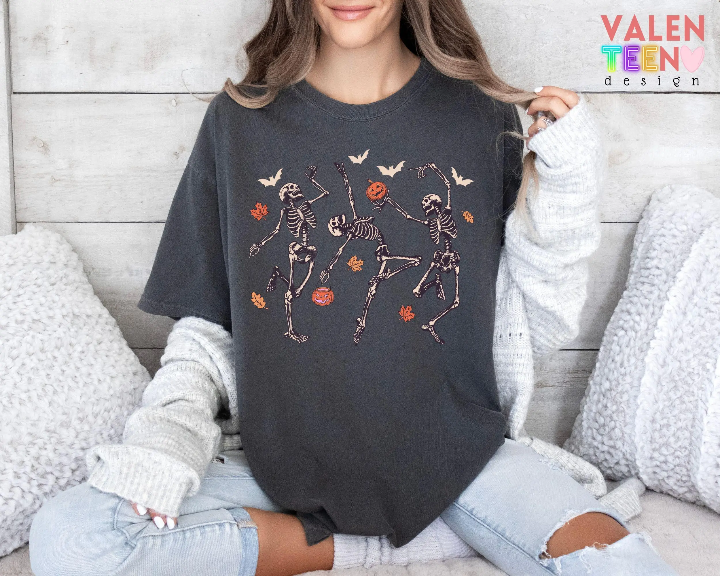 Comfort Colors Dancing Skeletons Shirt, Unisex Preppy Haunted House Ghost Girly Spooky Season Tee - photo 4