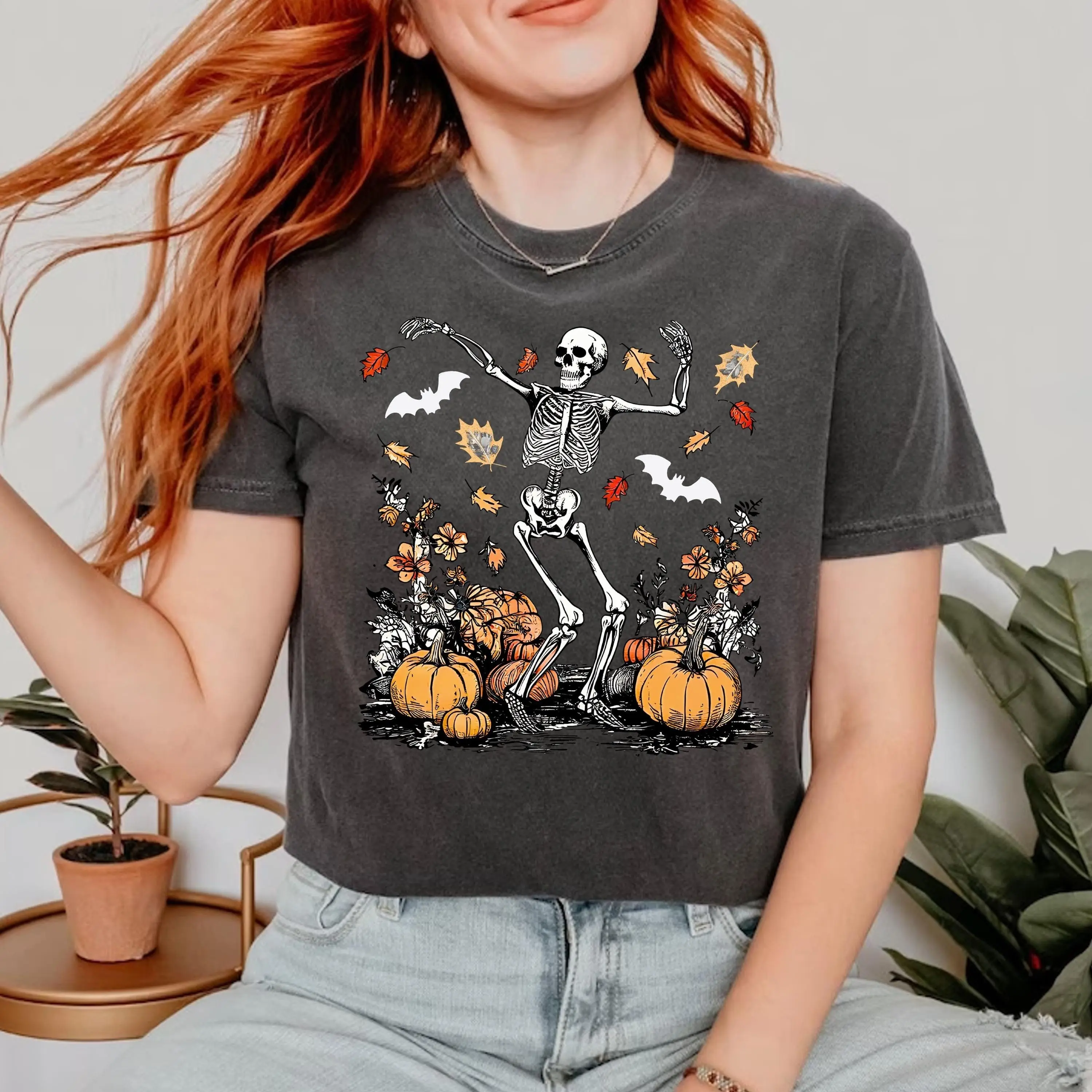 Comfort Colors Dancing Skeleton Shirt, Pumpkin Fall Halloween Graphic Tee, Spooky Season Gift