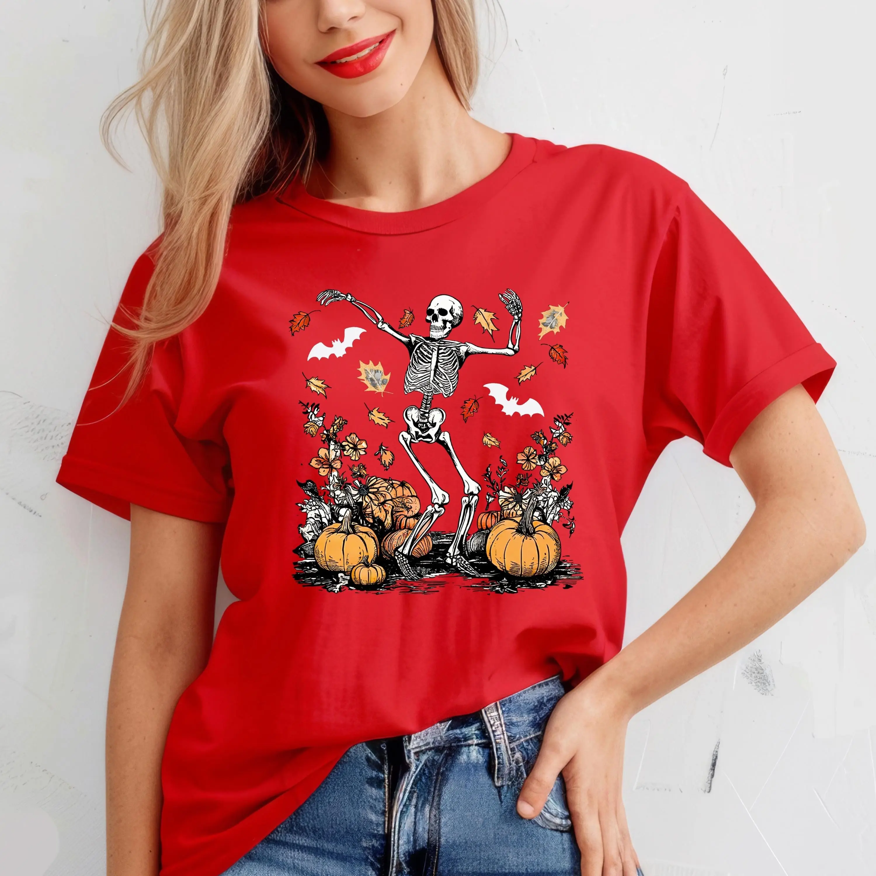 Comfort Colors Dancing Skeleton Shirt, Pumpkin Fall Halloween Graphic Tee, Spooky Season Gift - photo 2