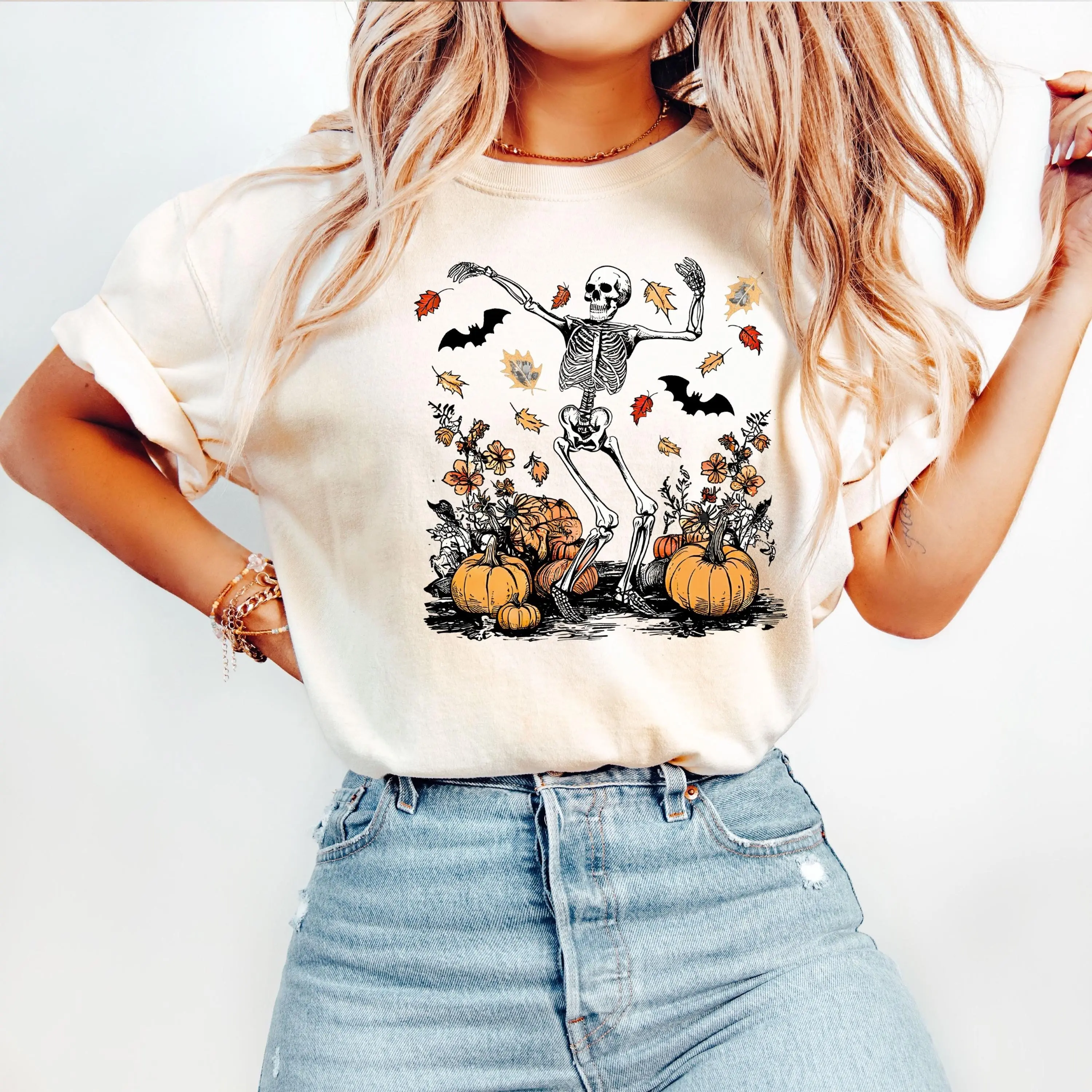 Comfort Colors Dancing Skeleton Shirt, Pumpkin Fall Halloween Graphic Tee, Spooky Season Gift - photo 3