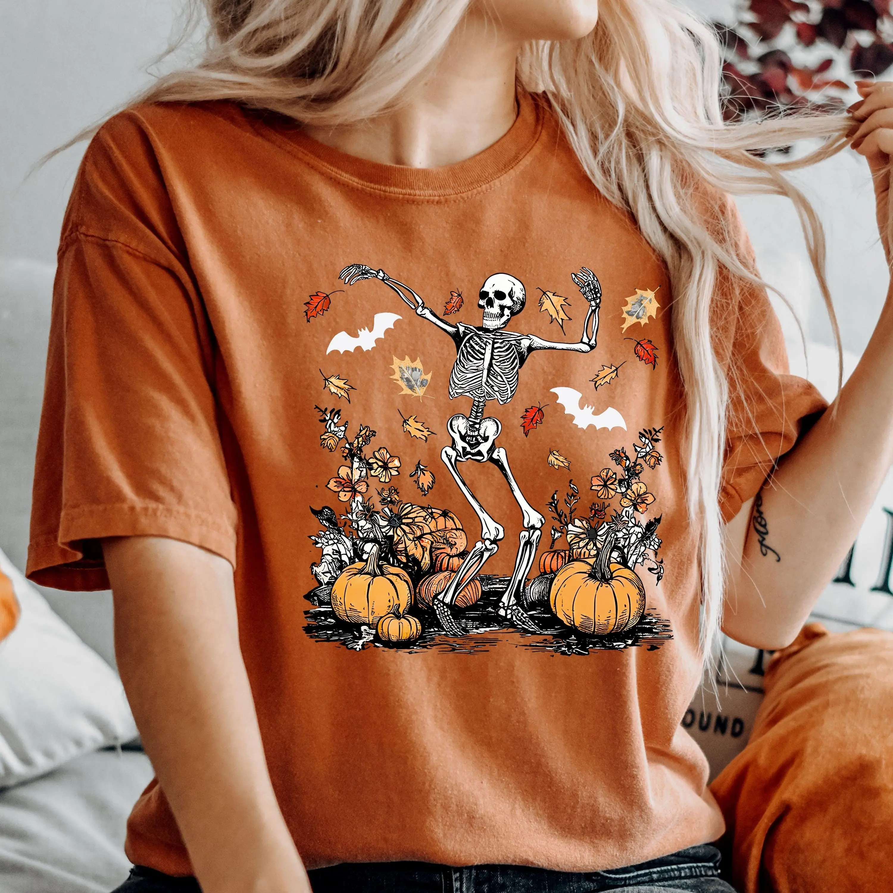 Comfort Colors Dancing Skeleton Shirt, Pumpkin Fall Halloween Graphic Tee, Spooky Season Gift - photo 4