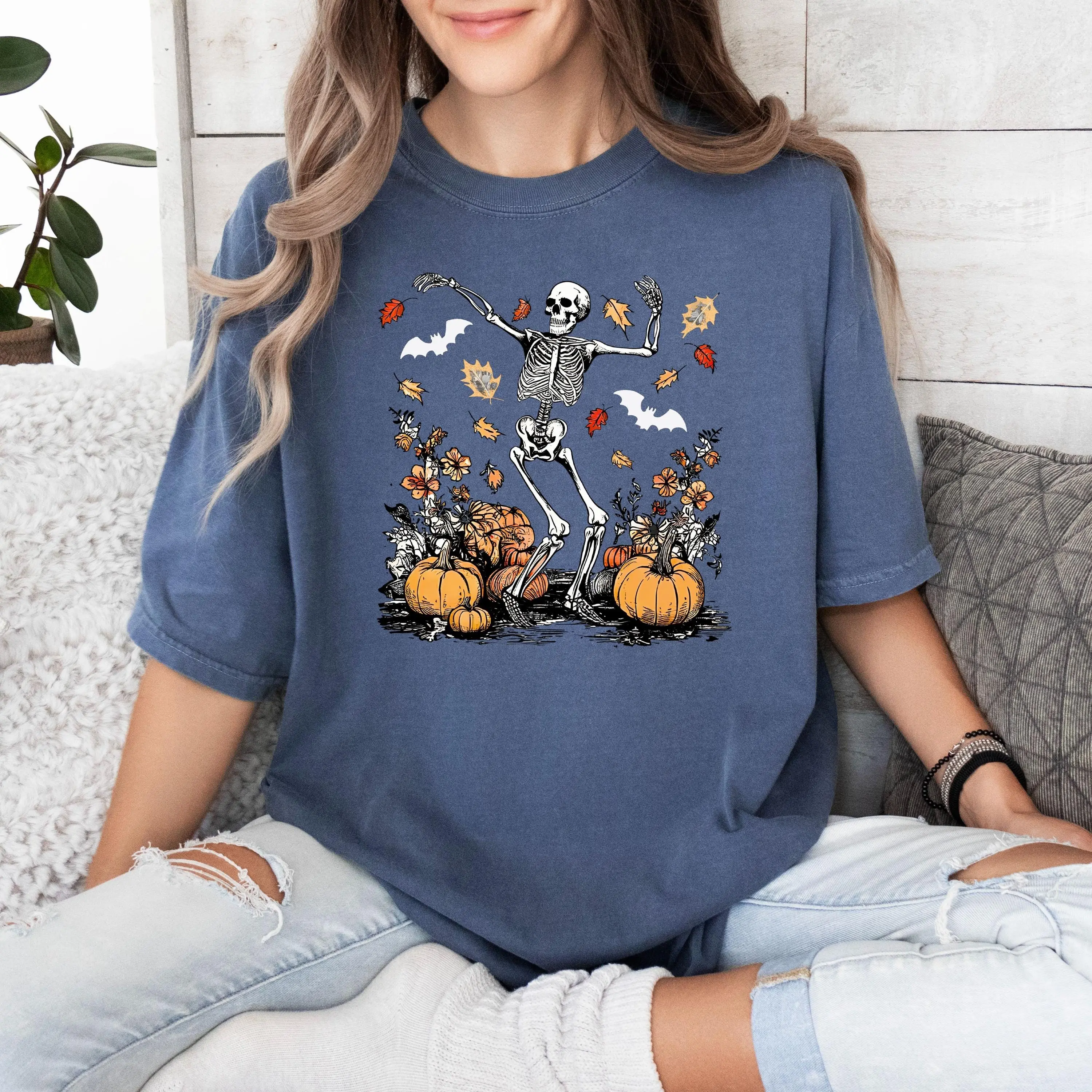 Comfort Colors Dancing Skeleton Shirt, Pumpkin Fall Halloween Graphic Tee, Spooky Season Gift - photo 5