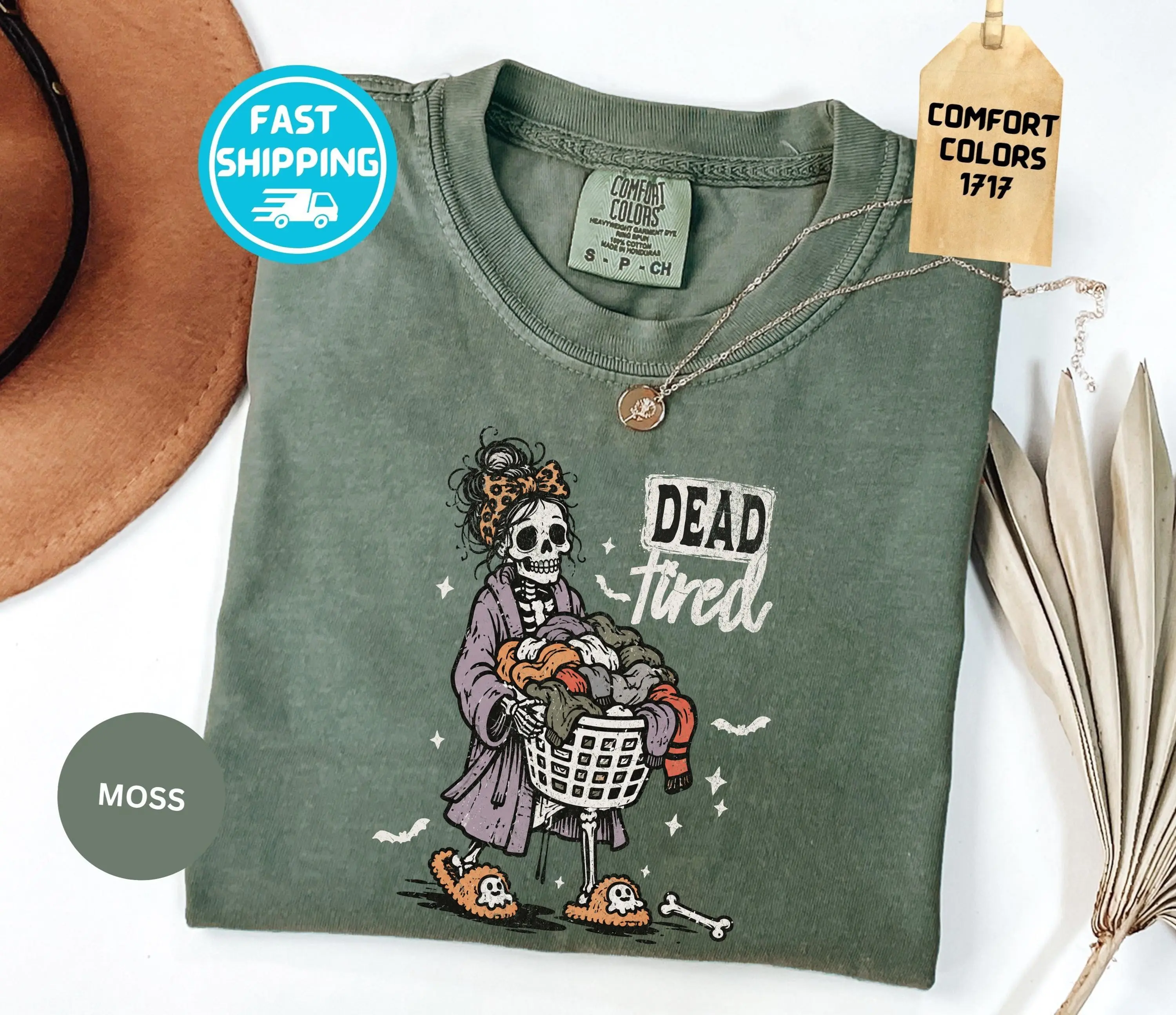 Comfort Colors Dead Tired Skeleton Shirt, Funny Halloween Laundry Gothic Fall Graphic Tee, Gift for Mom