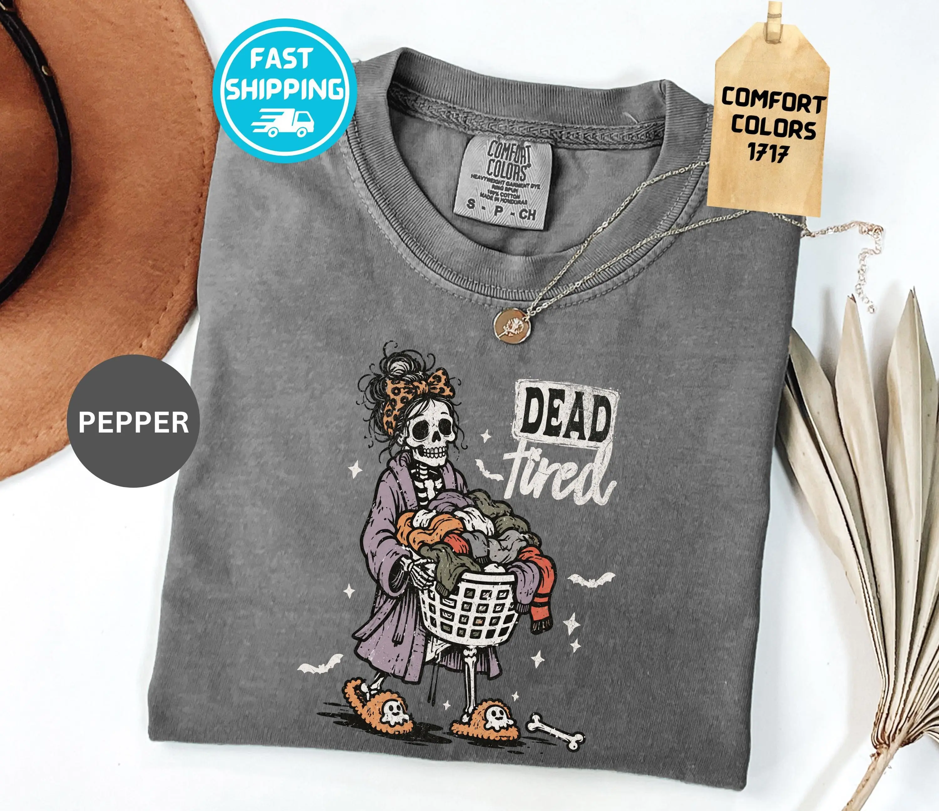 Comfort Colors Dead Tired Skeleton Shirt, Funny Halloween Laundry Gothic Fall Graphic Tee, Gift for Mom - photo 2
