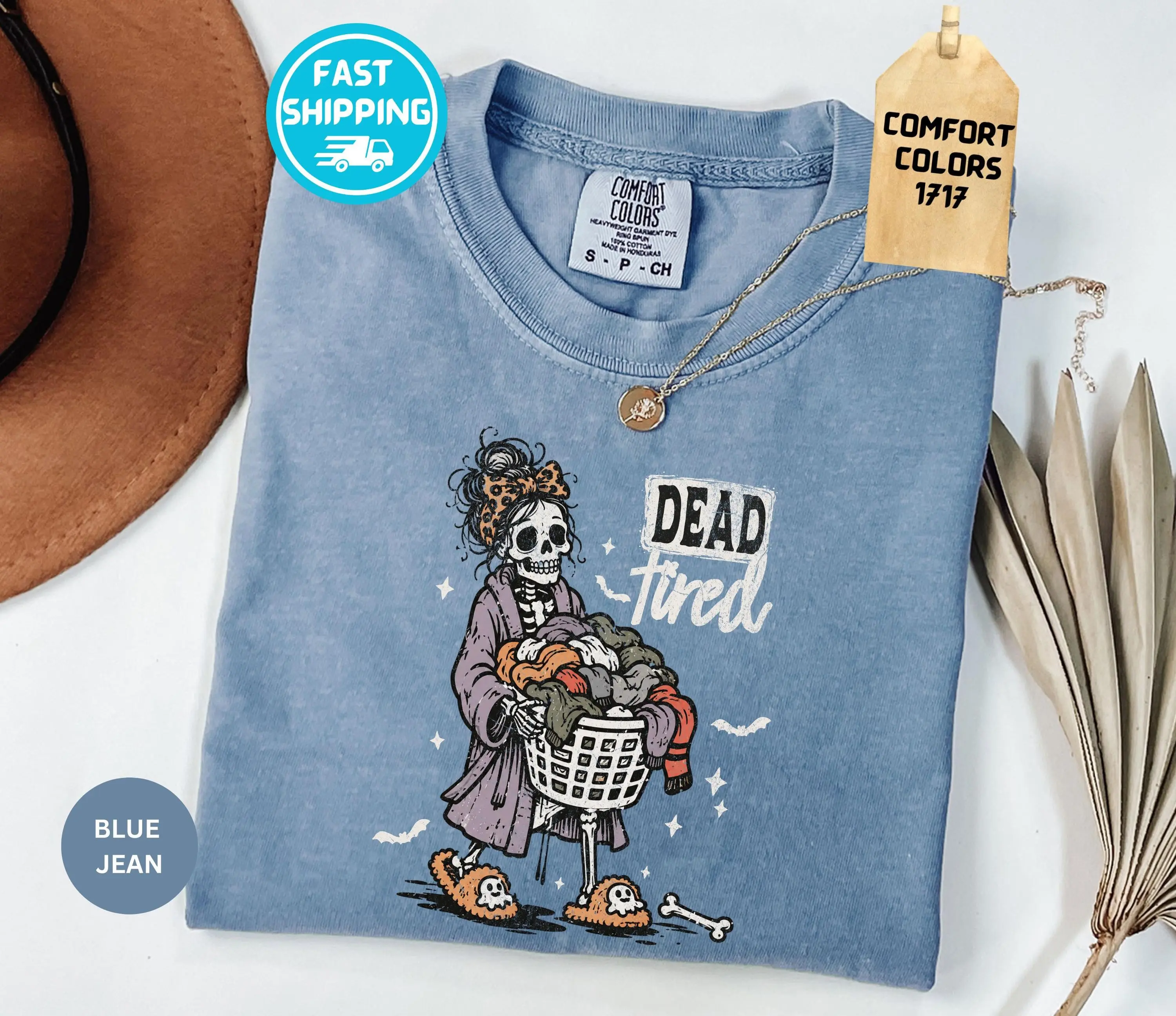 Comfort Colors Dead Tired Skeleton Shirt, Funny Halloween Laundry Gothic Fall Graphic Tee, Gift for Mom - photo 3