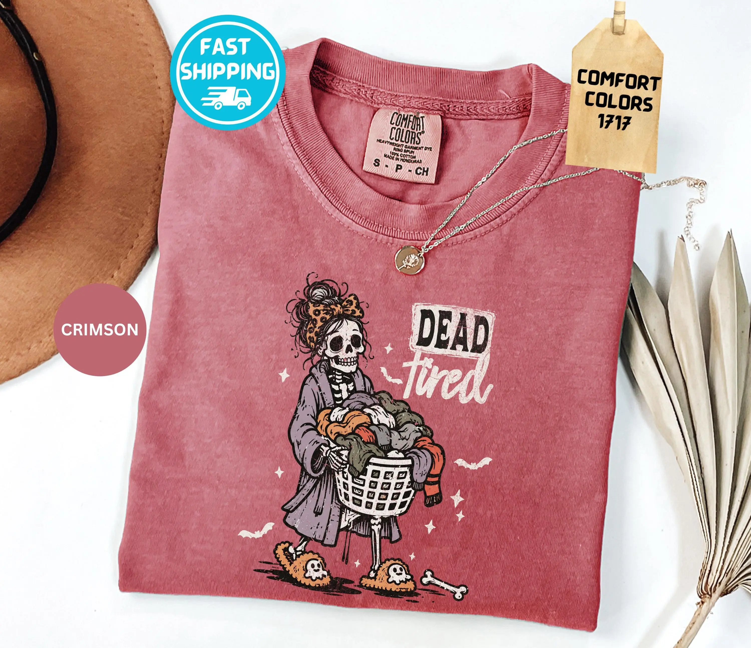 Comfort Colors Dead Tired Skeleton Shirt, Funny Halloween Laundry Gothic Fall Graphic Tee, Gift for Mom - photo 4