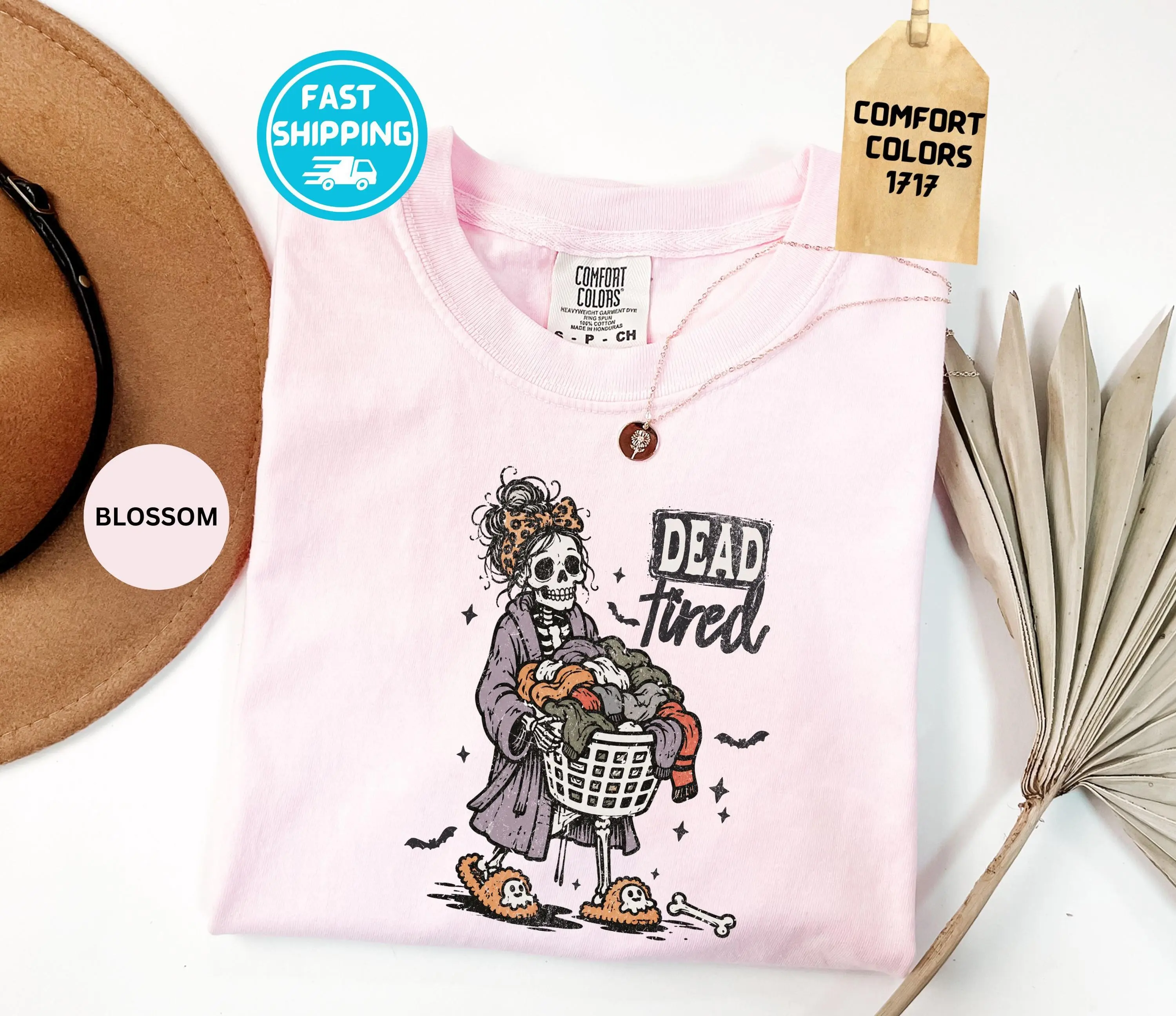 Comfort Colors Dead Tired Skeleton Shirt, Funny Halloween Laundry Gothic Fall Graphic Tee, Gift for Mom - photo 5