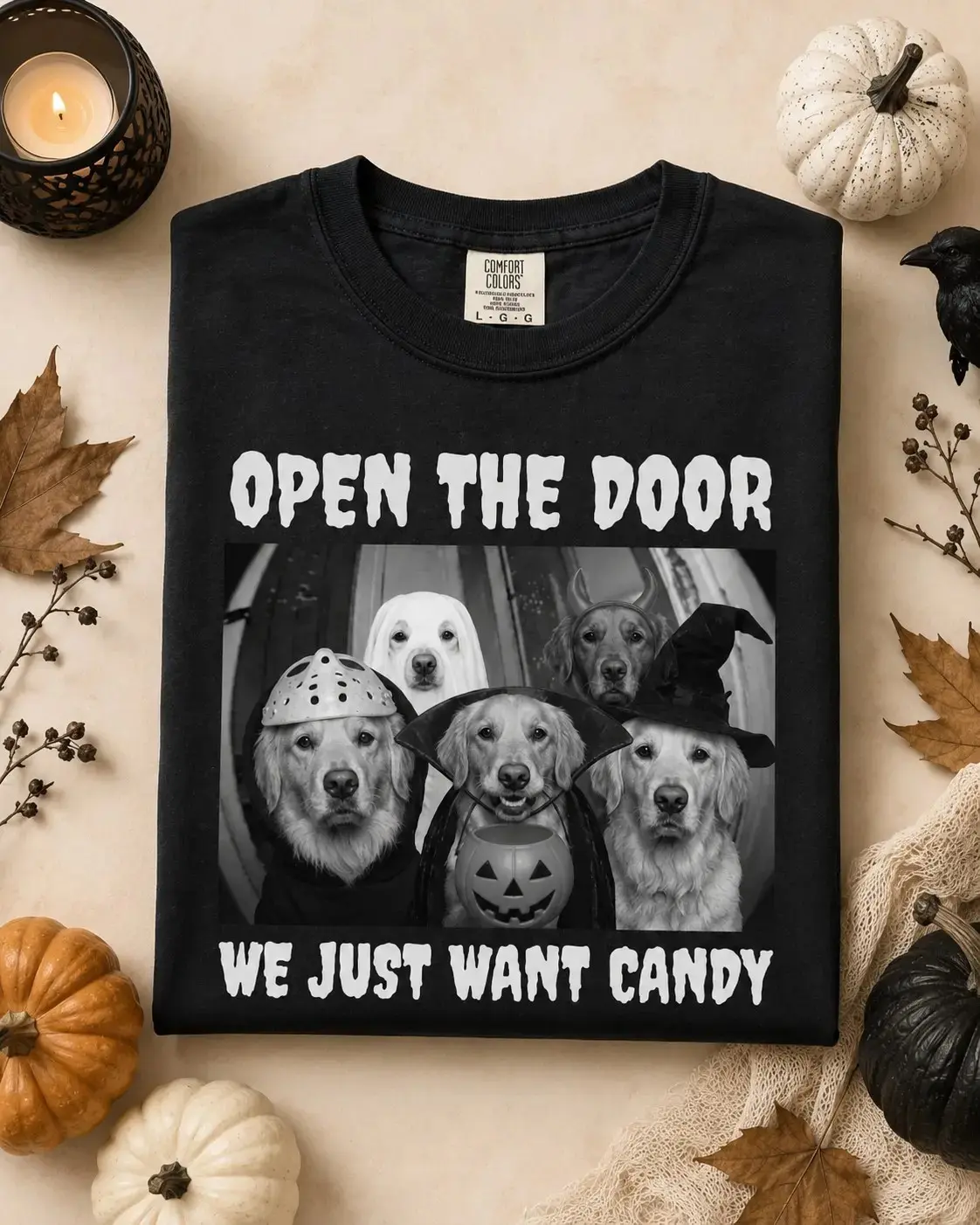 Comfort Colors Open the Door We Just Want Candy Halloween Shirt, Golden Retriever Dog Lover Spooky Season Tee - photo 3