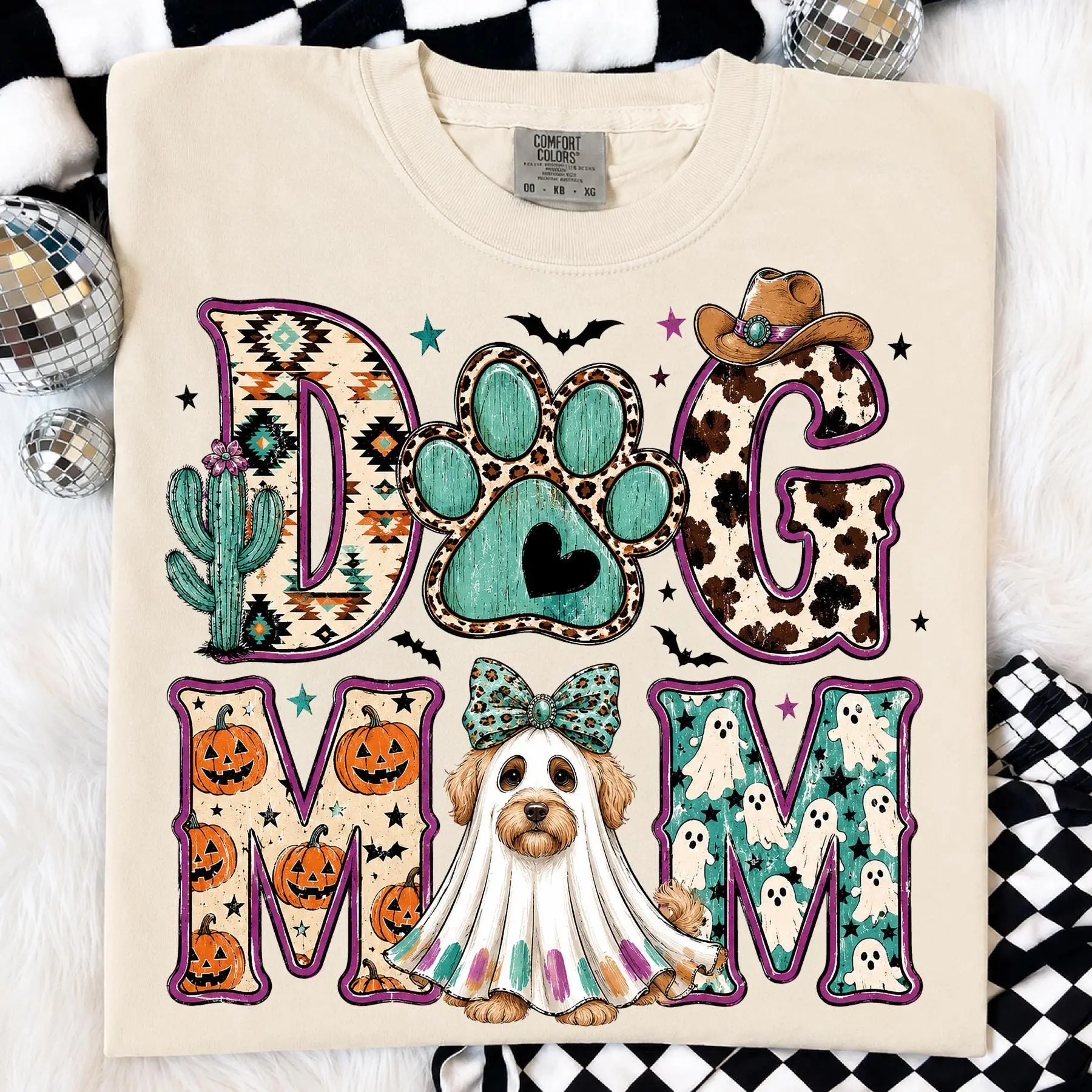 Comfort Colors Western Ghost Dog Mom Halloween Shirt, Cowgirl Paw Print Pumpkin Graphic Tee