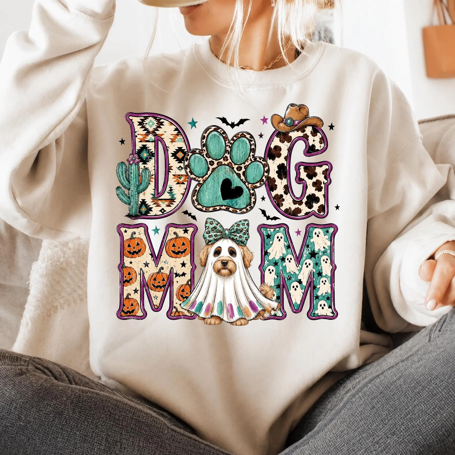 Comfort Colors Western Ghost Dog Mom Halloween Shirt, Cowgirl Paw Print Pumpkin Graphic Tee - photo 2