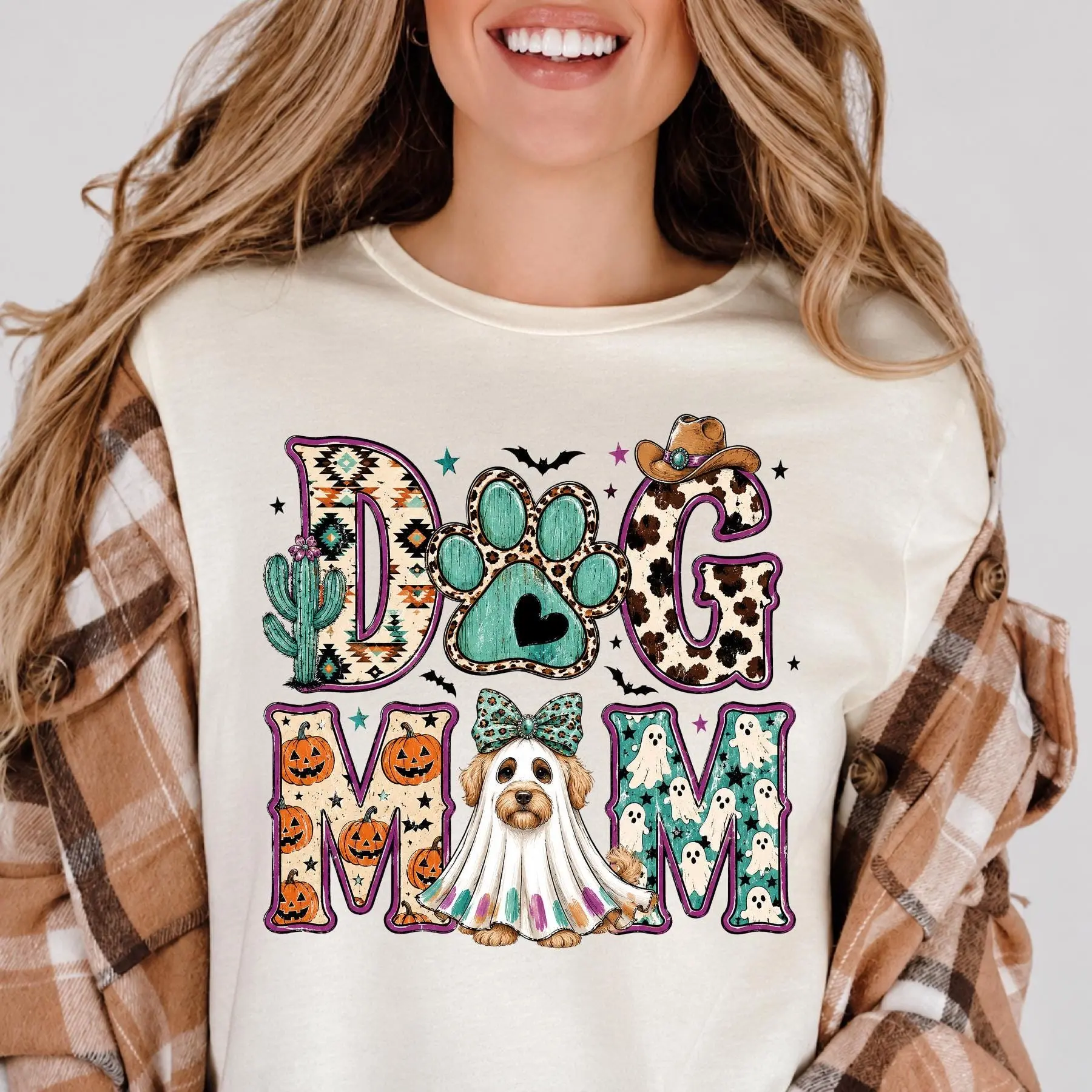 Comfort Colors Western Ghost Dog Mom Halloween Sweatshirt, Cowgirl Paw Print Pumpkin Graphic Crewneck - photo 3