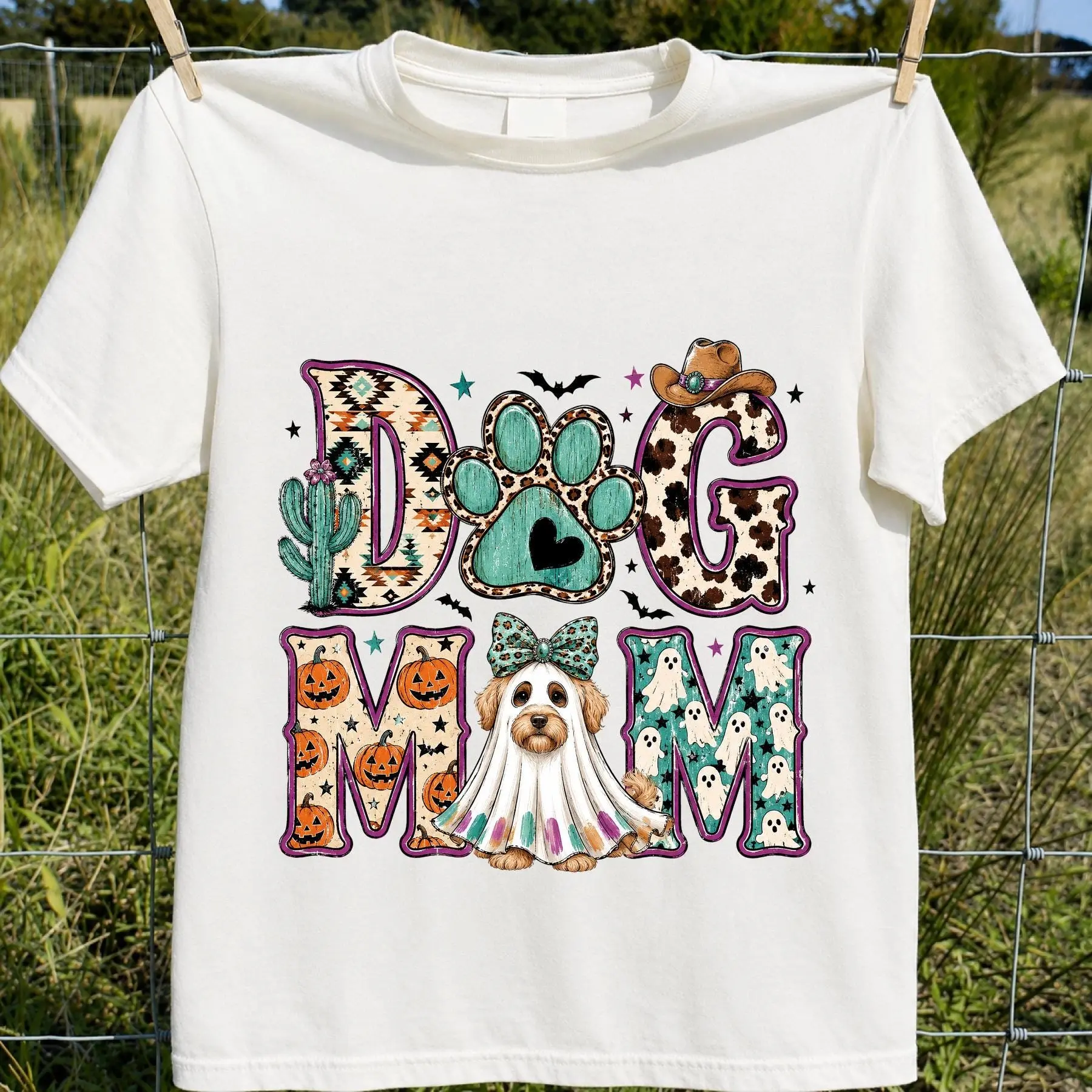 Comfort Colors Western Ghost Dog Mom Halloween Sweatshirt, Cowgirl Paw Print Pumpkin Graphic Crewneck - photo 4
