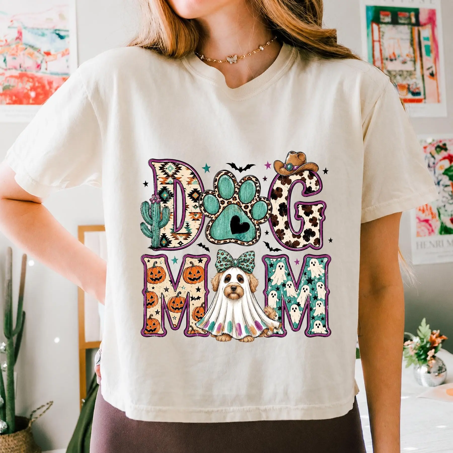 Comfort Colors Western Ghost Dog Mom Halloween Sweatshirt, Cowgirl Paw Print Pumpkin Graphic Crewneck - photo 5