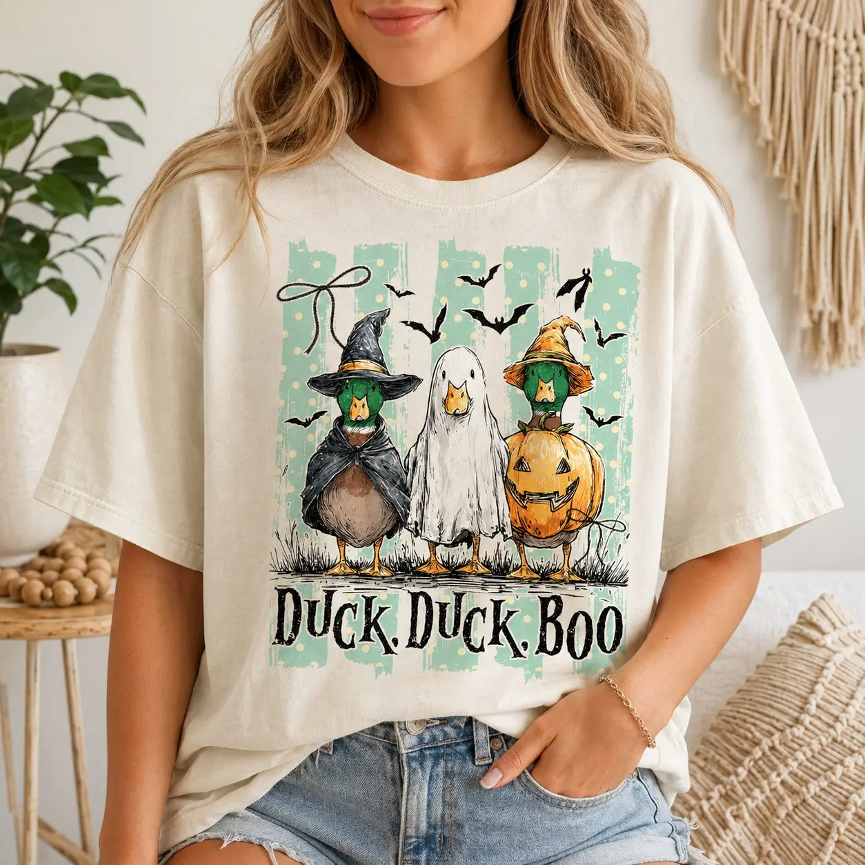 Comfort Colors Duck Duck Boo Shirt, Witch Ghost Pumpkin Halloween Graphic Tee for Women