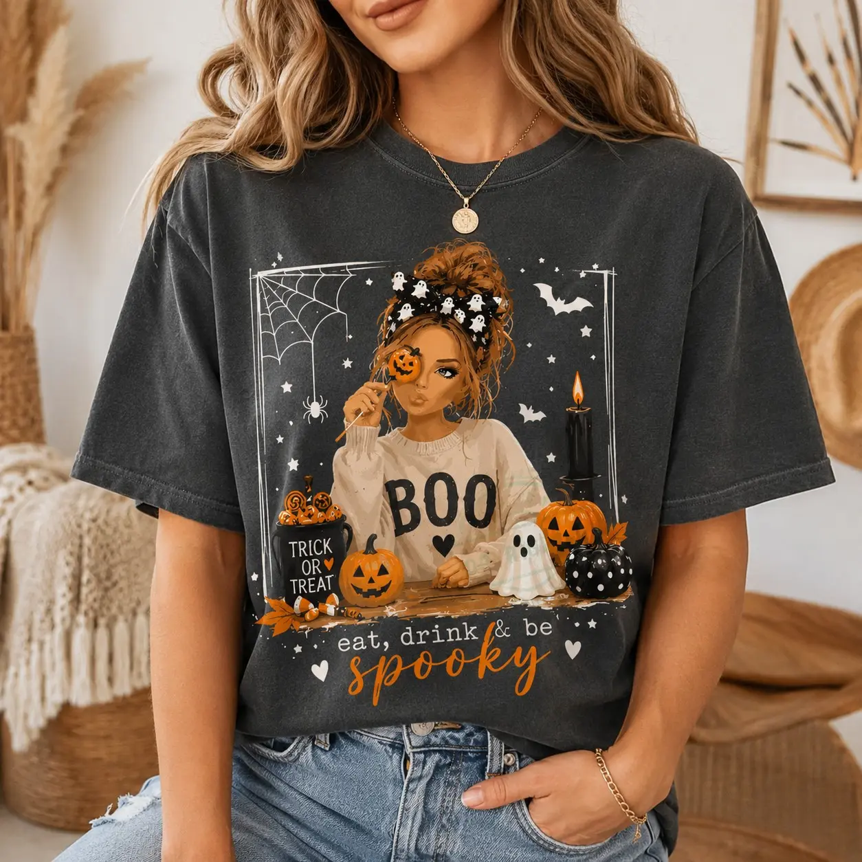 Comfort Colors Eat Drink Spooky Messy Bun Girl Candy Ladies Shirts for Women Halloween Night