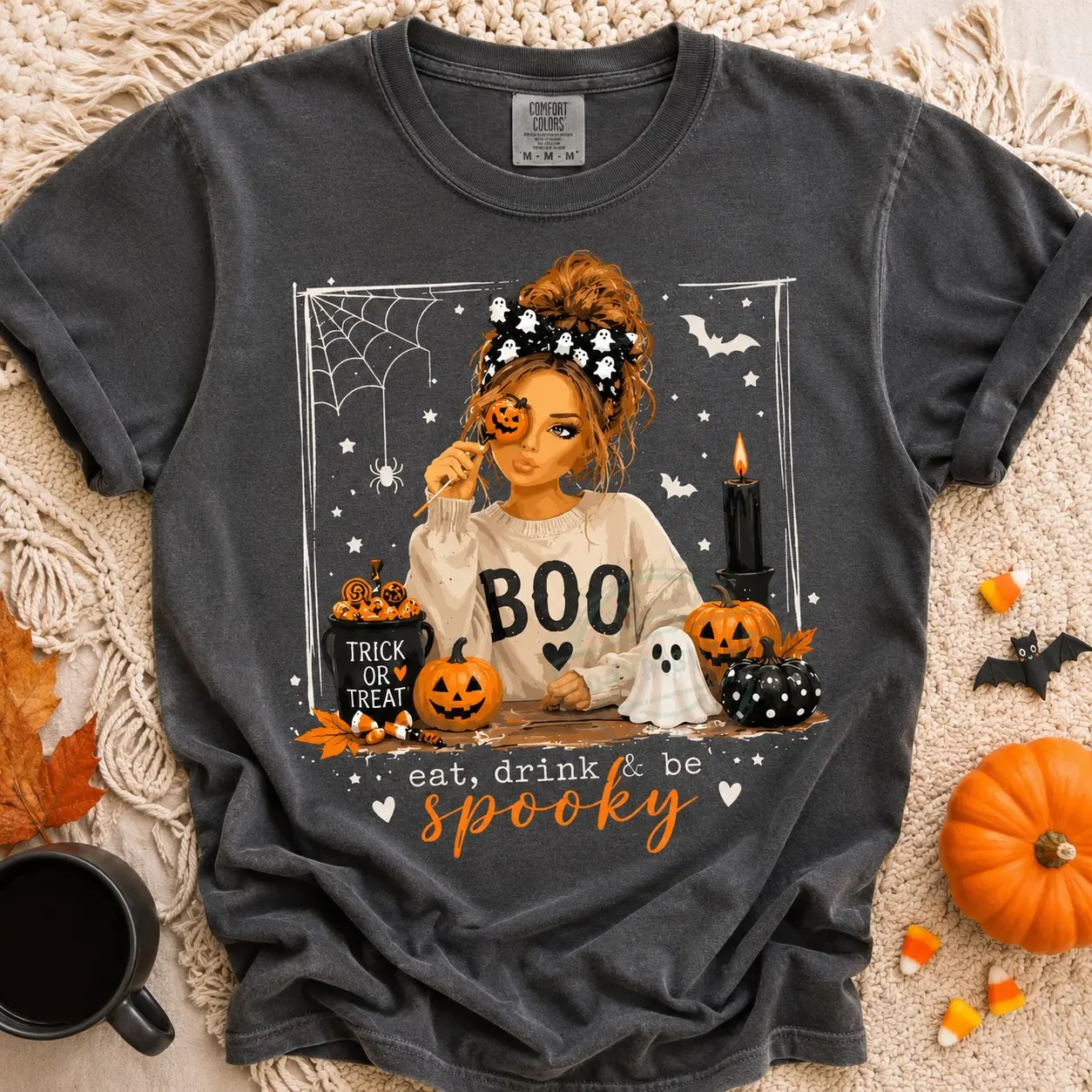 Comfort Colors Eat Drink Spooky Messy Bun Girl Candy Ladies Shirts for Women Halloween Night - photo 2