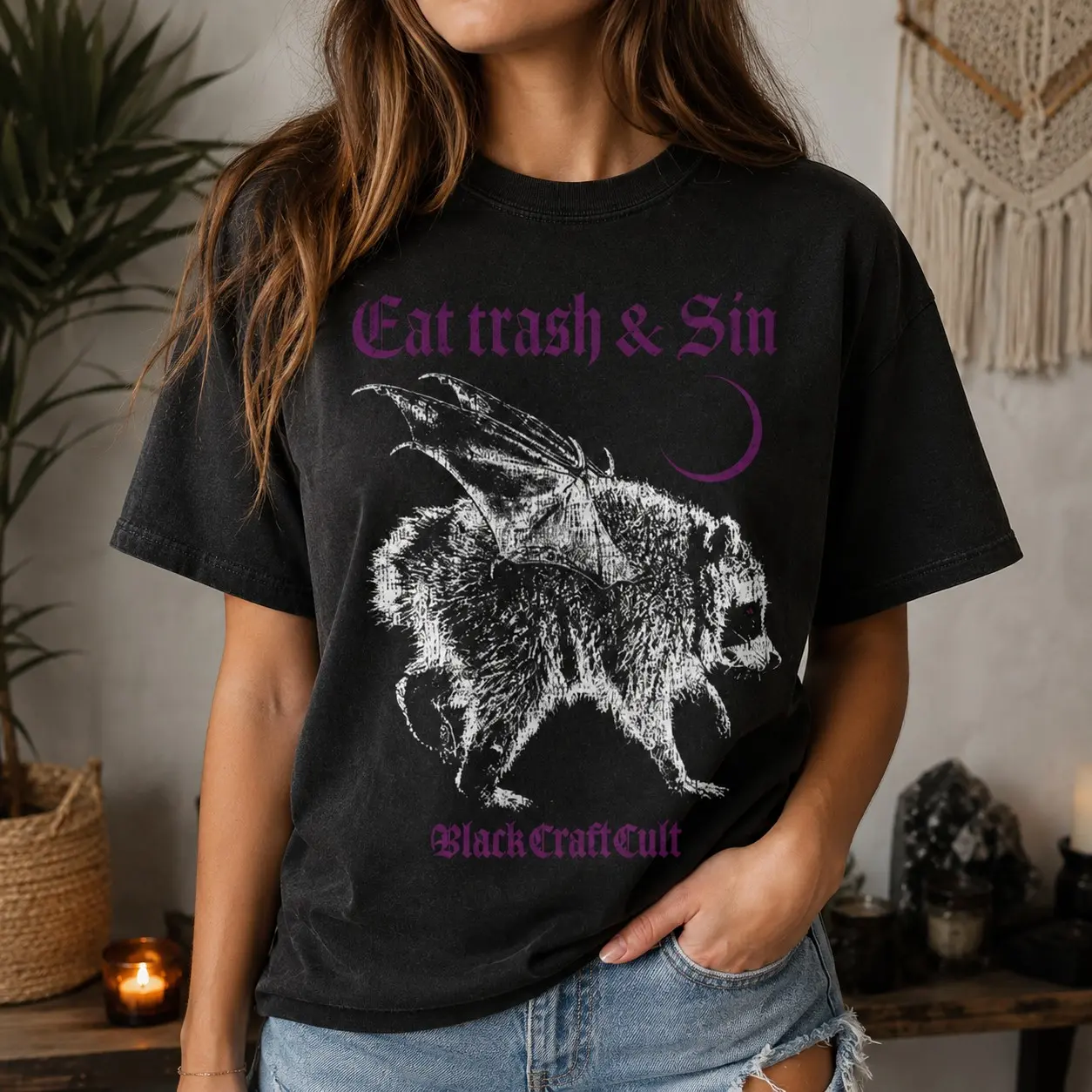 Comfort Colors Eat Trash and Sin Bat Winged Raccoon Women Graphic Shirts Halloween Night