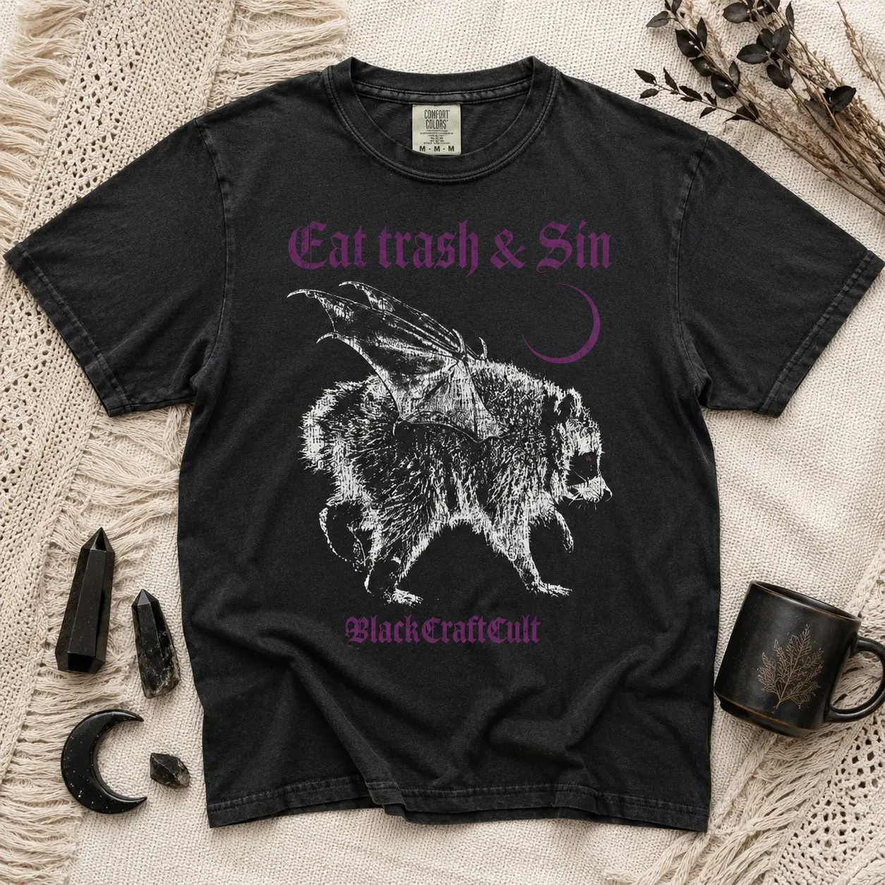 Comfort Colors Eat Trash and Sin Bat Winged Raccoon Women Graphic Shirts Halloween Night - photo 2