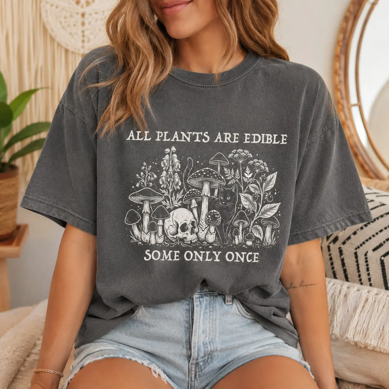 Comfort Colors Edible Mushroom Cat Skull Shirt, Vintage Autumn Season Tee for Women