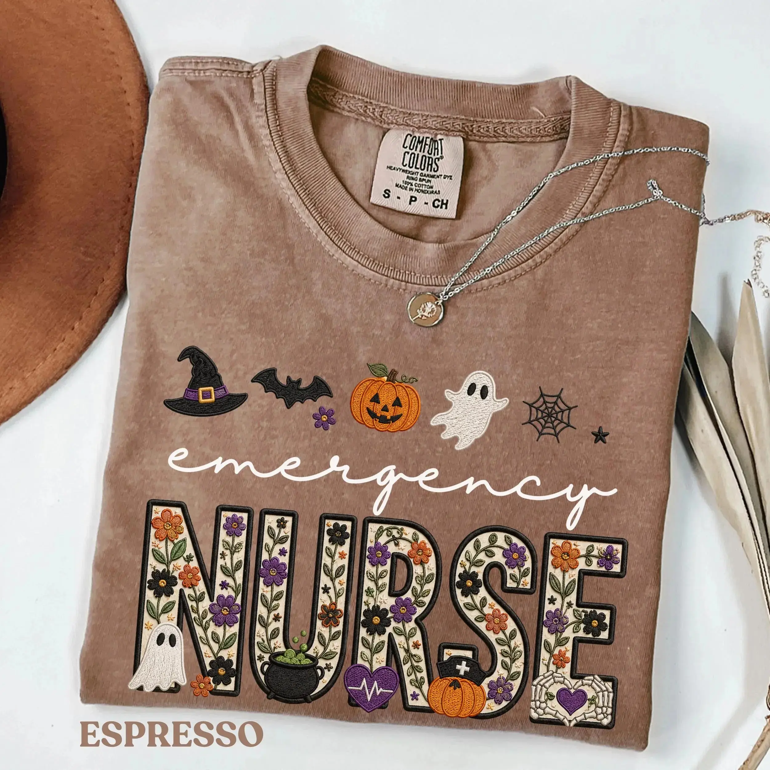 Comfort Colors Emergency Nurse Halloween Shirt, Floral Ghost Spooky Nursing Graphic Tee