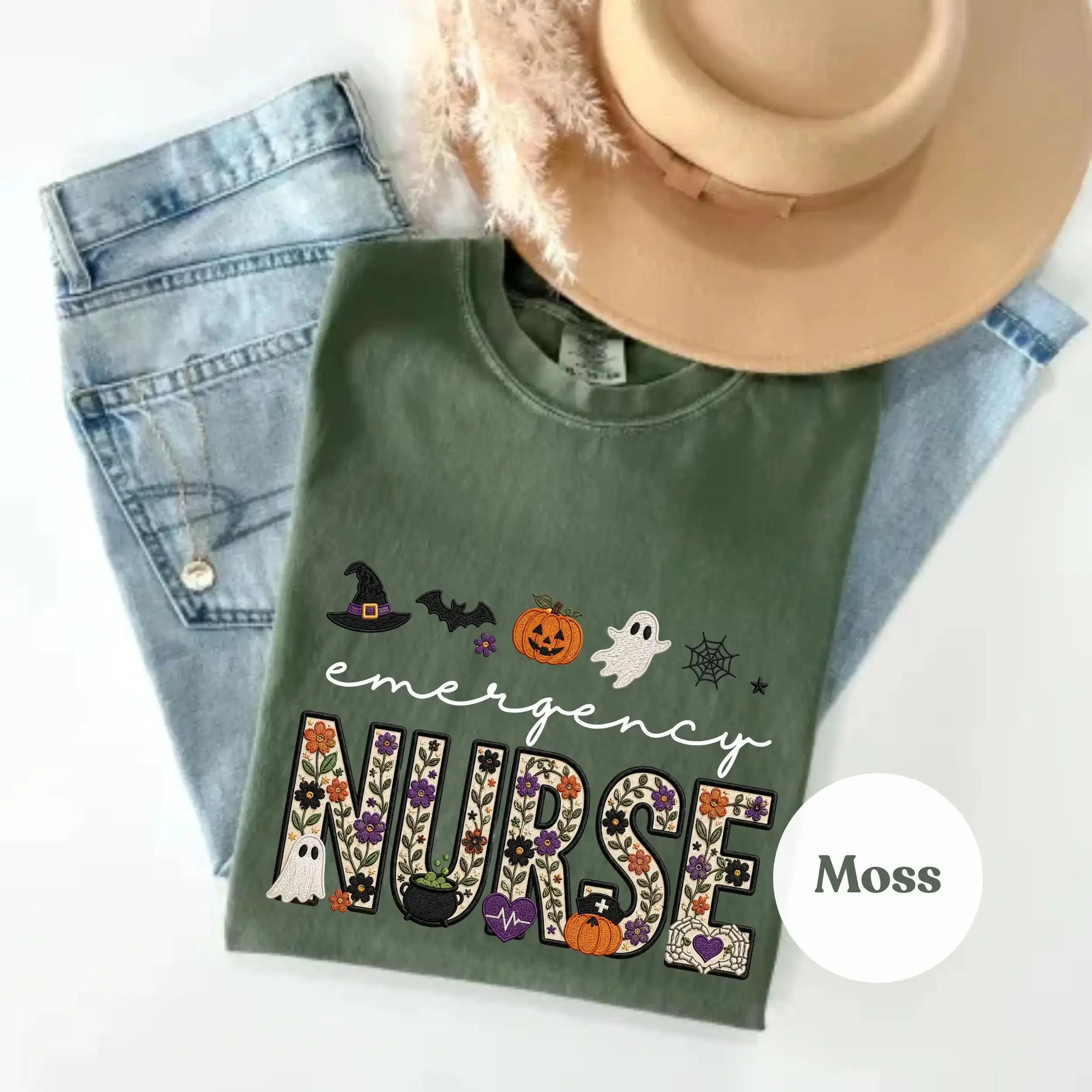 Comfort Colors Emergency Nurse Halloween Shirt, Floral Ghost Spooky Nursing Graphic Tee - photo 2