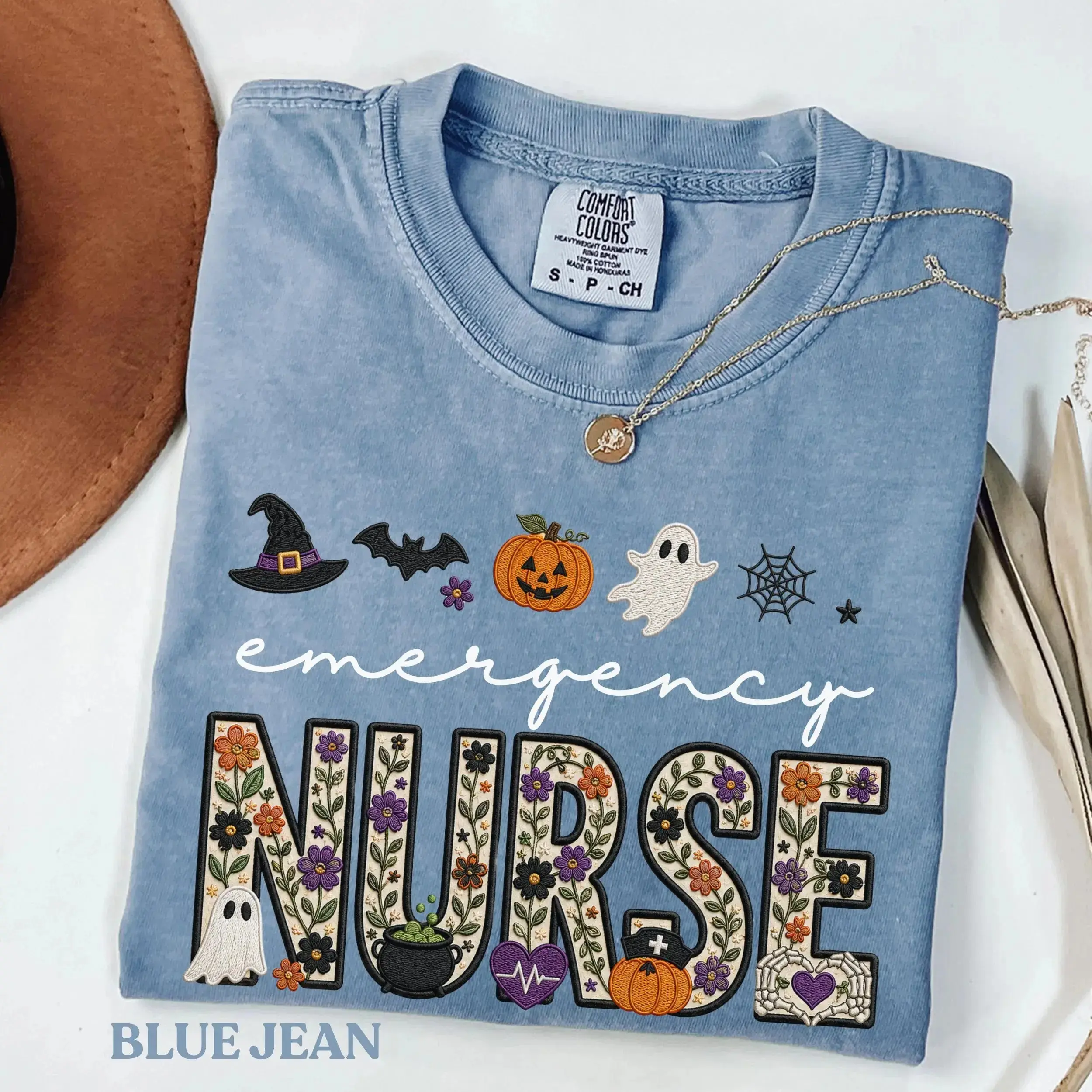 Comfort Colors Emergency Nurse Halloween Shirt, Floral Ghost Spooky Nursing Graphic Tee - photo 3