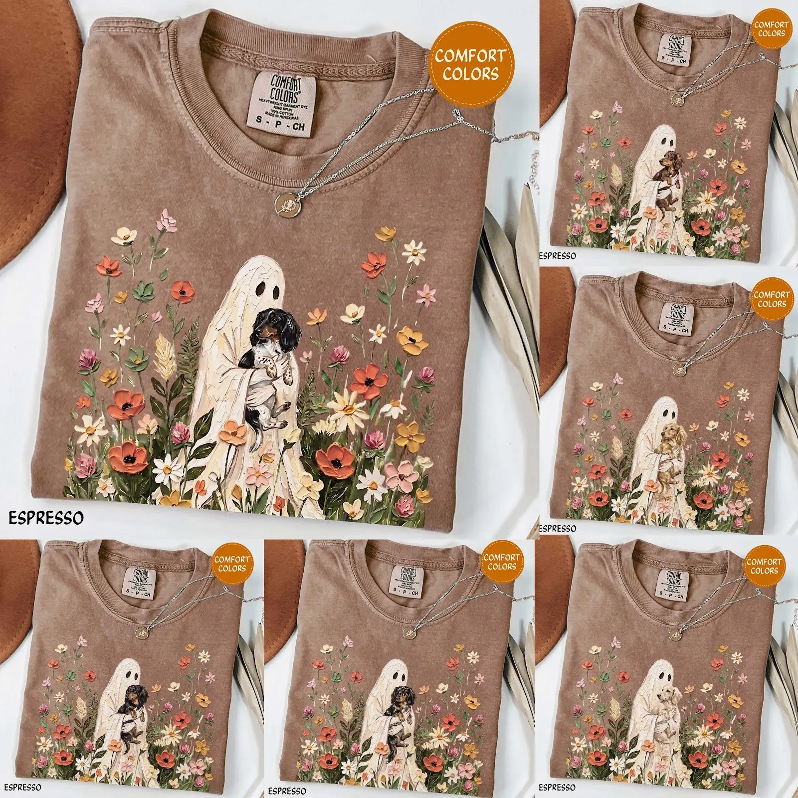 Comfort Colors Espresso Wildflower Ghost Dapple Dachshund Halloween Shirt, Long Haired Doxie Floral Cottagecore Tee - photo 1