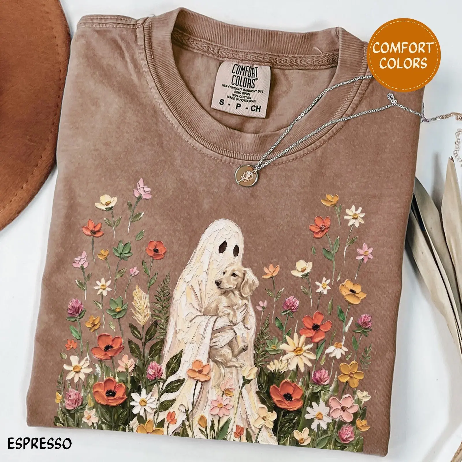 Comfort Colors Espresso Wildflower Ghost Dapple Dachshund Halloween Shirt, Long Haired Doxie Floral Cottagecore Tee - photo 2