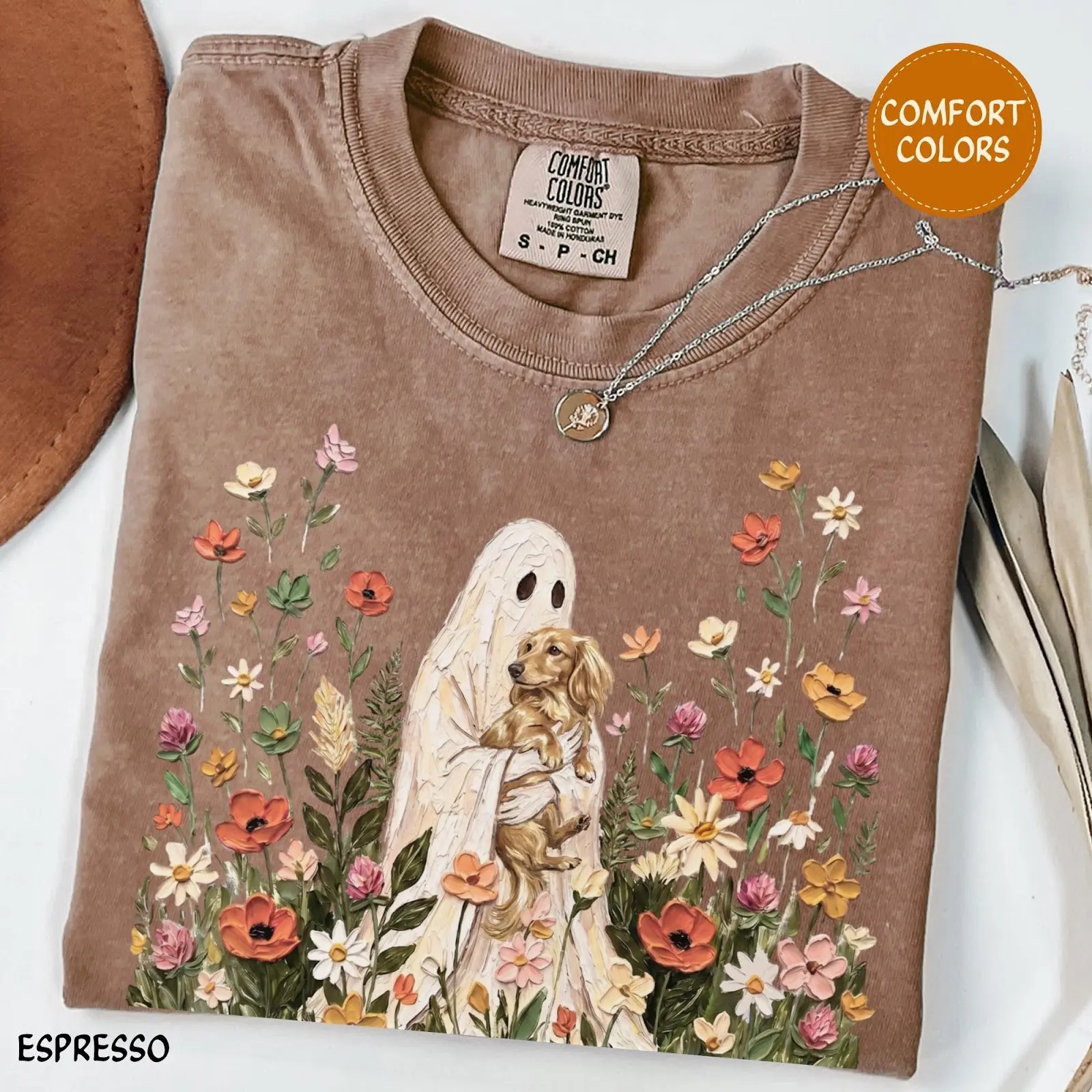 Comfort Colors Espresso Wildflower Ghost Dapple Dachshund Halloween Shirt, Long Haired Doxie Floral Cottagecore Tee - photo 3