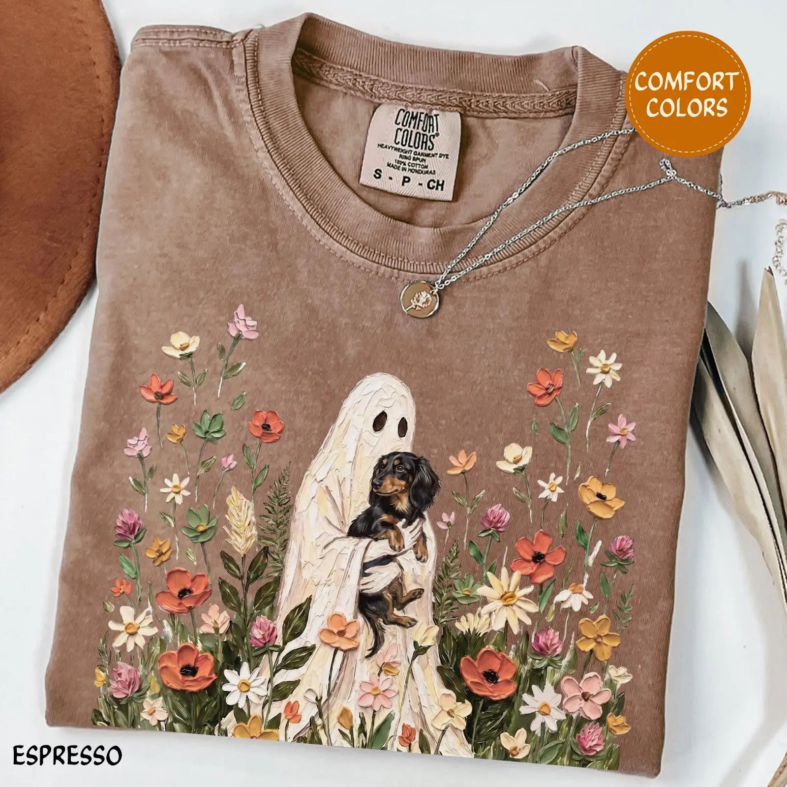 Comfort Colors Espresso Wildflower Ghost Dapple Dachshund Halloween Shirt, Long Haired Doxie Floral Cottagecore Tee - photo 4