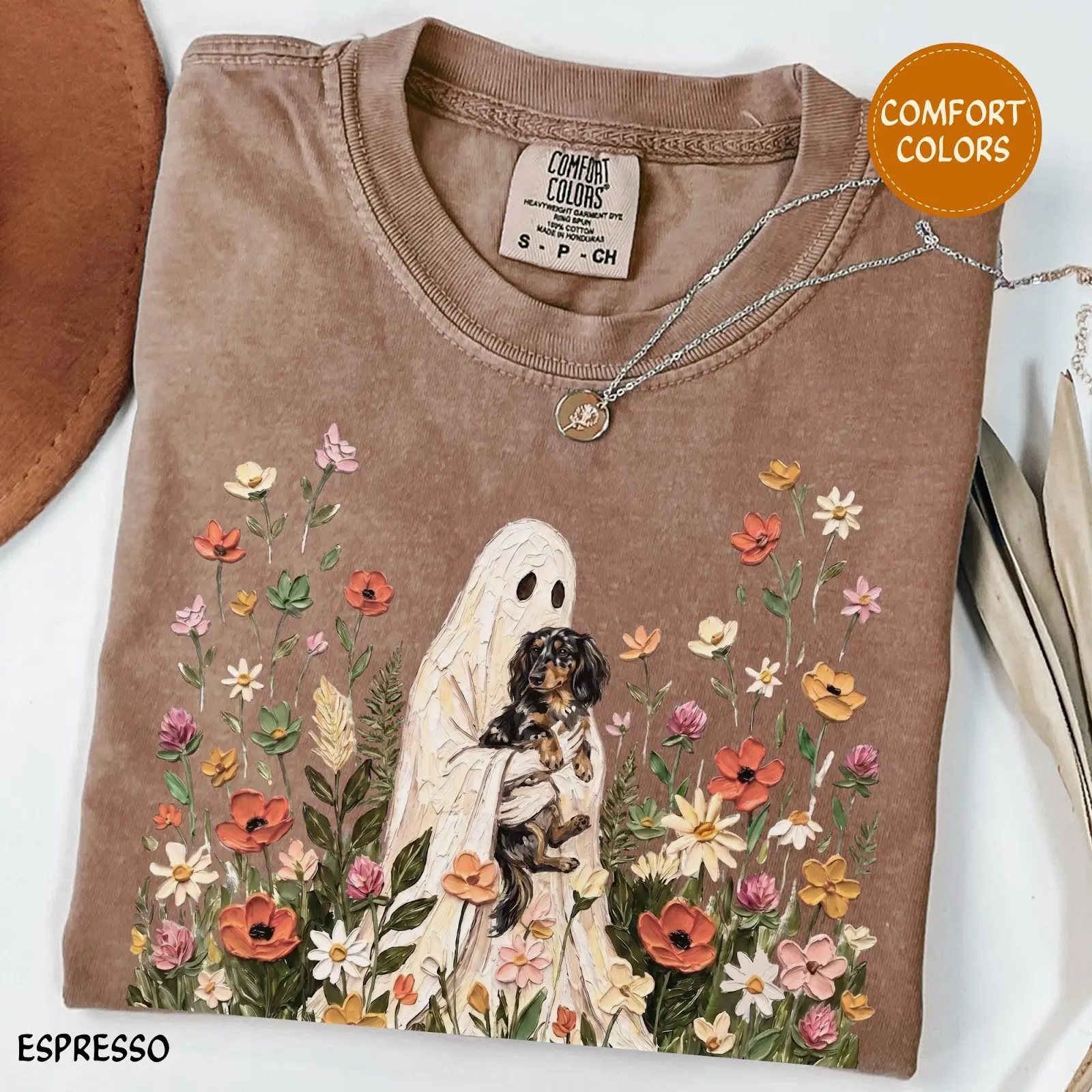 Comfort Colors Espresso Wildflower Ghost Dapple Dachshund Halloween Shirt, Long Haired Doxie Floral Cottagecore Tee - photo 5