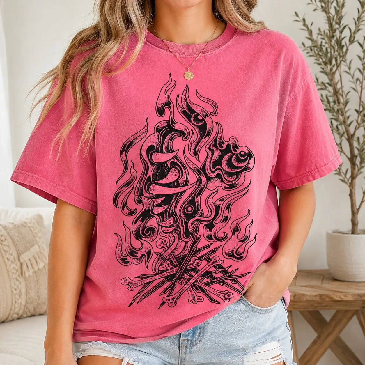 Comfort Colors Eyeball Flames Skeleton Bonfire Women Vintage Shirts Halloween Party