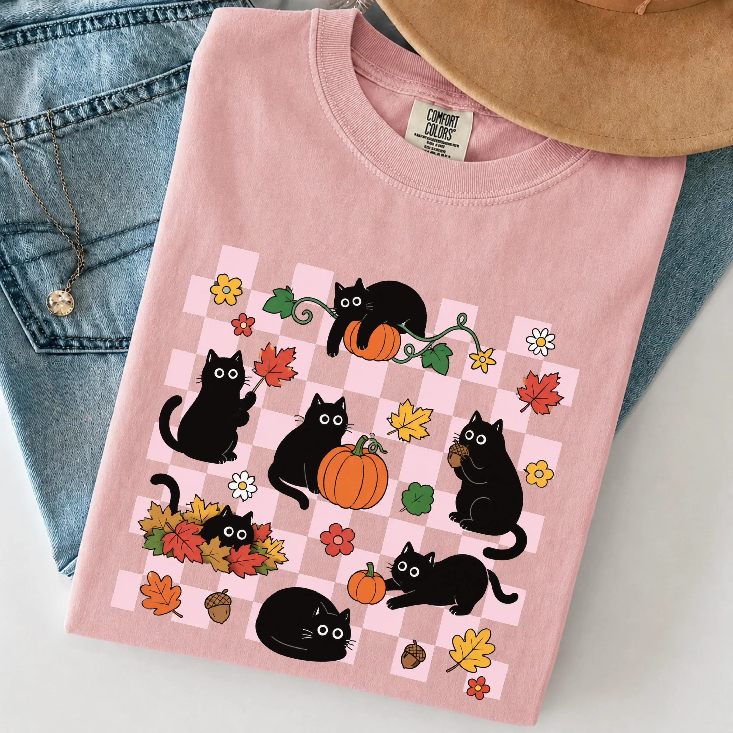Comfort Colors Fall Black Cat Shirt - Pink Checkerboard Cat Tee, Pumpkin and Floral Autumn Graphic, Cute Cat Lover Gift - photo 1