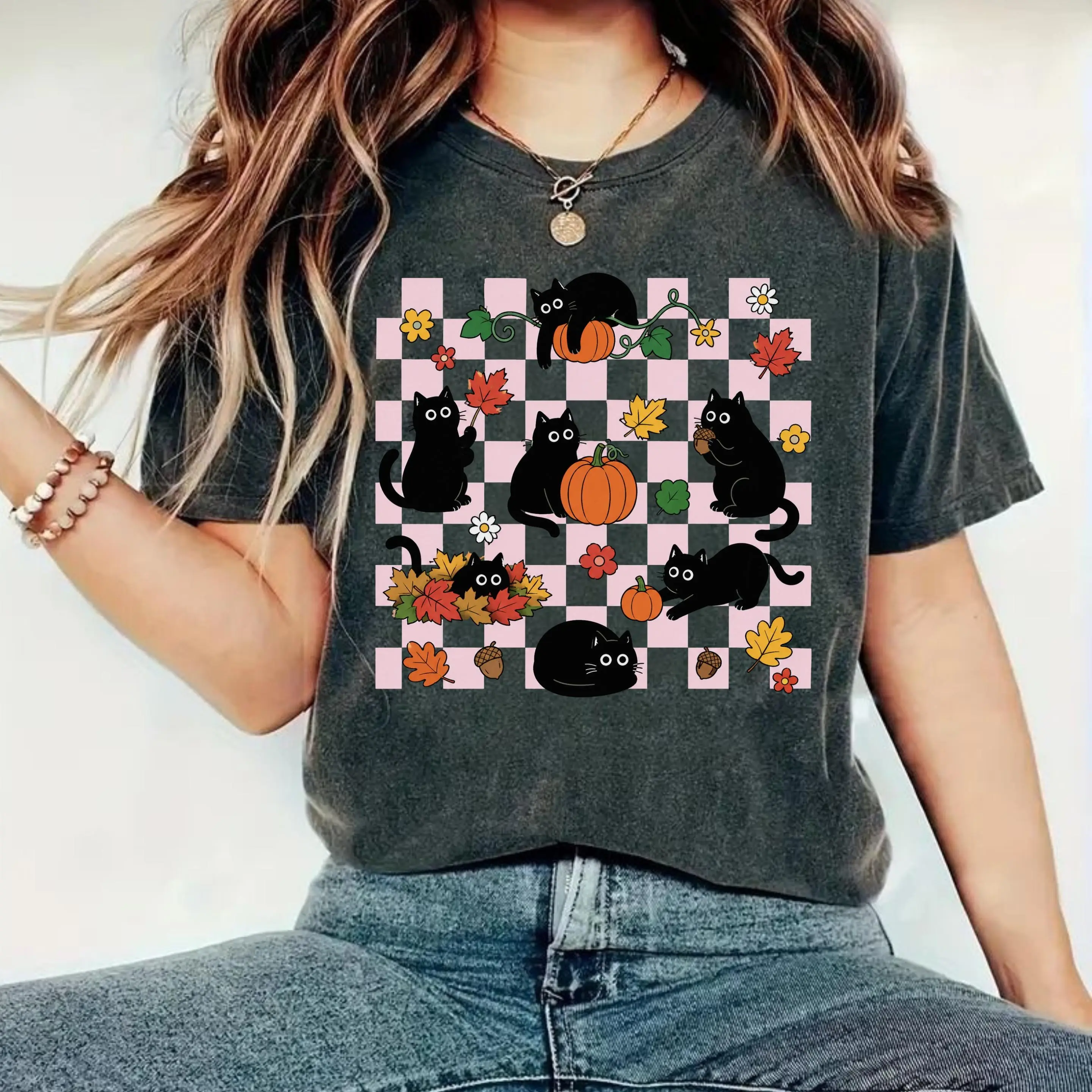 Comfort Colors Fall Black Cat Shirt - Pink Checkerboard Cat Tee, Pumpkin and Floral Autumn Graphic, Cute Cat Lover Gift - photo 2