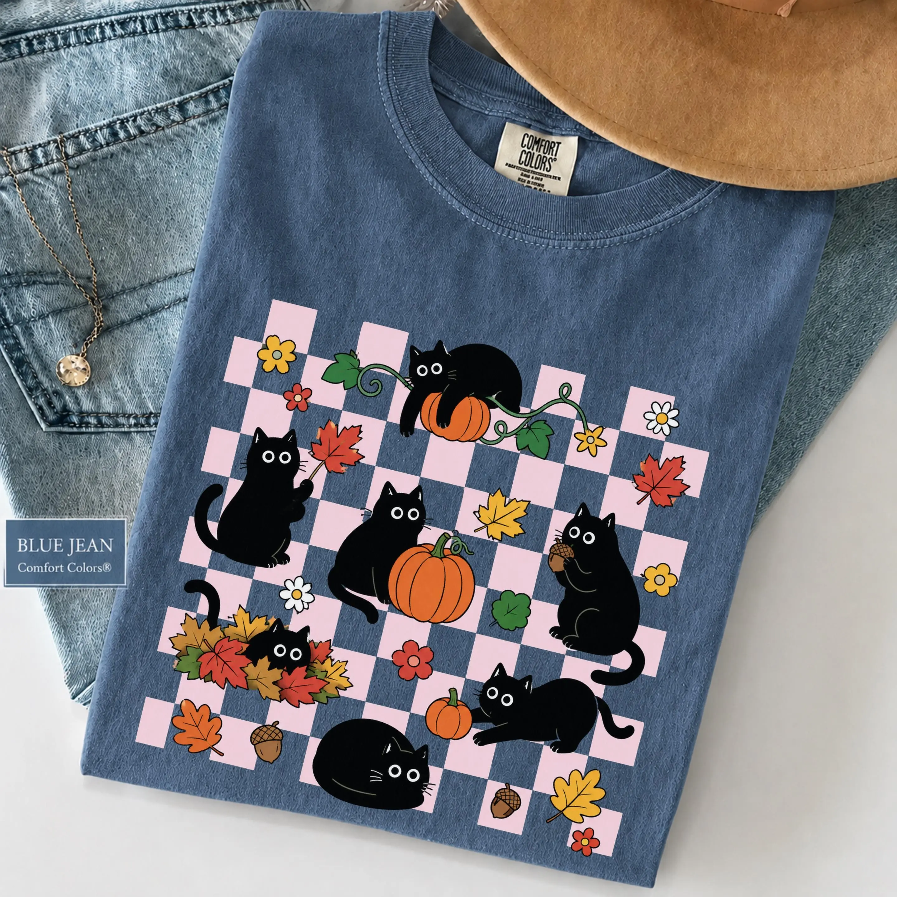 Comfort Colors Fall Black Cat Shirt - Pink Checkerboard Cat Tee, Pumpkin and Floral Autumn Graphic, Cute Cat Lover Gift - photo 3