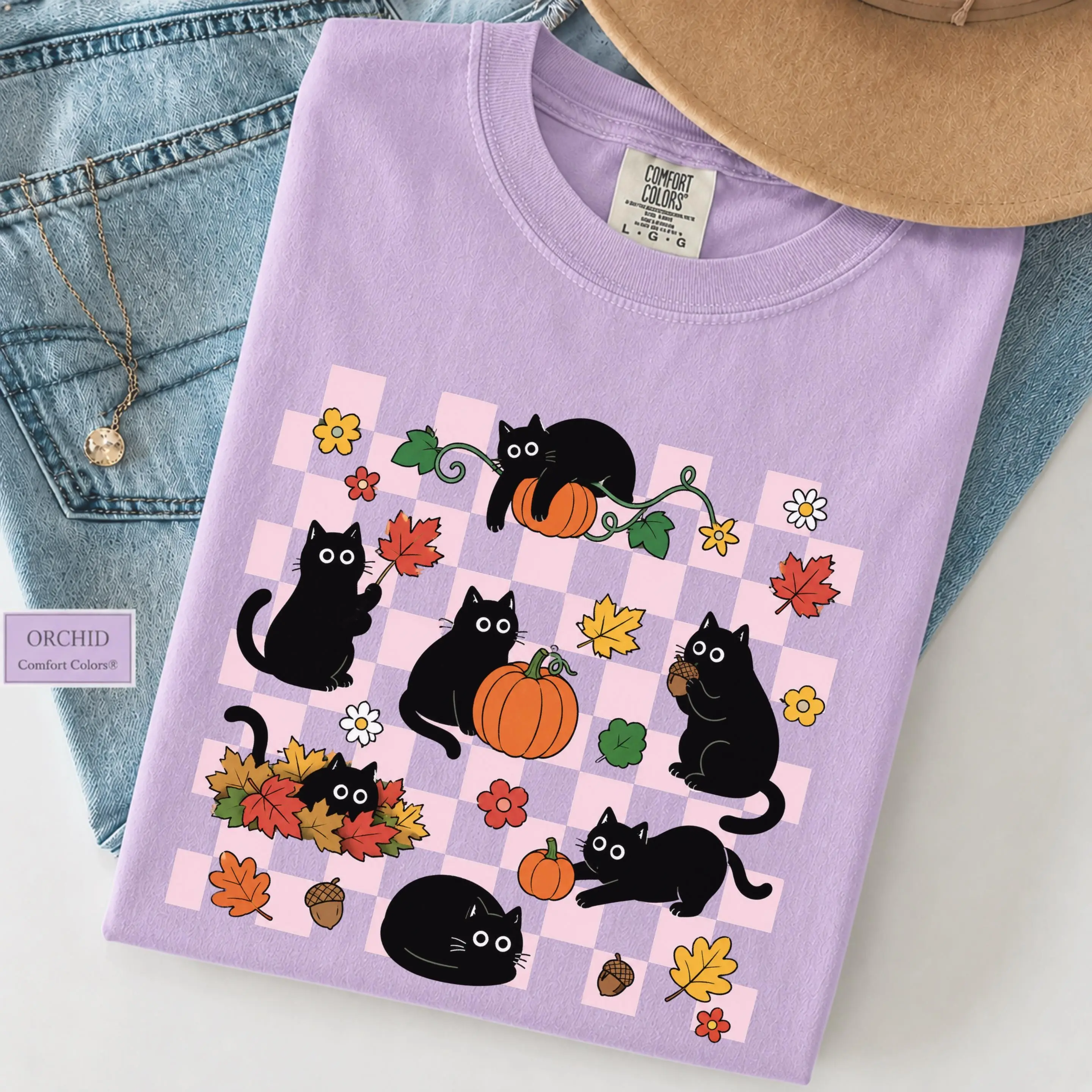 Comfort Colors Fall Black Cat Shirt - Pink Checkerboard Cat Tee, Pumpkin and Floral Autumn Graphic, Cute Cat Lover Gift - photo 4