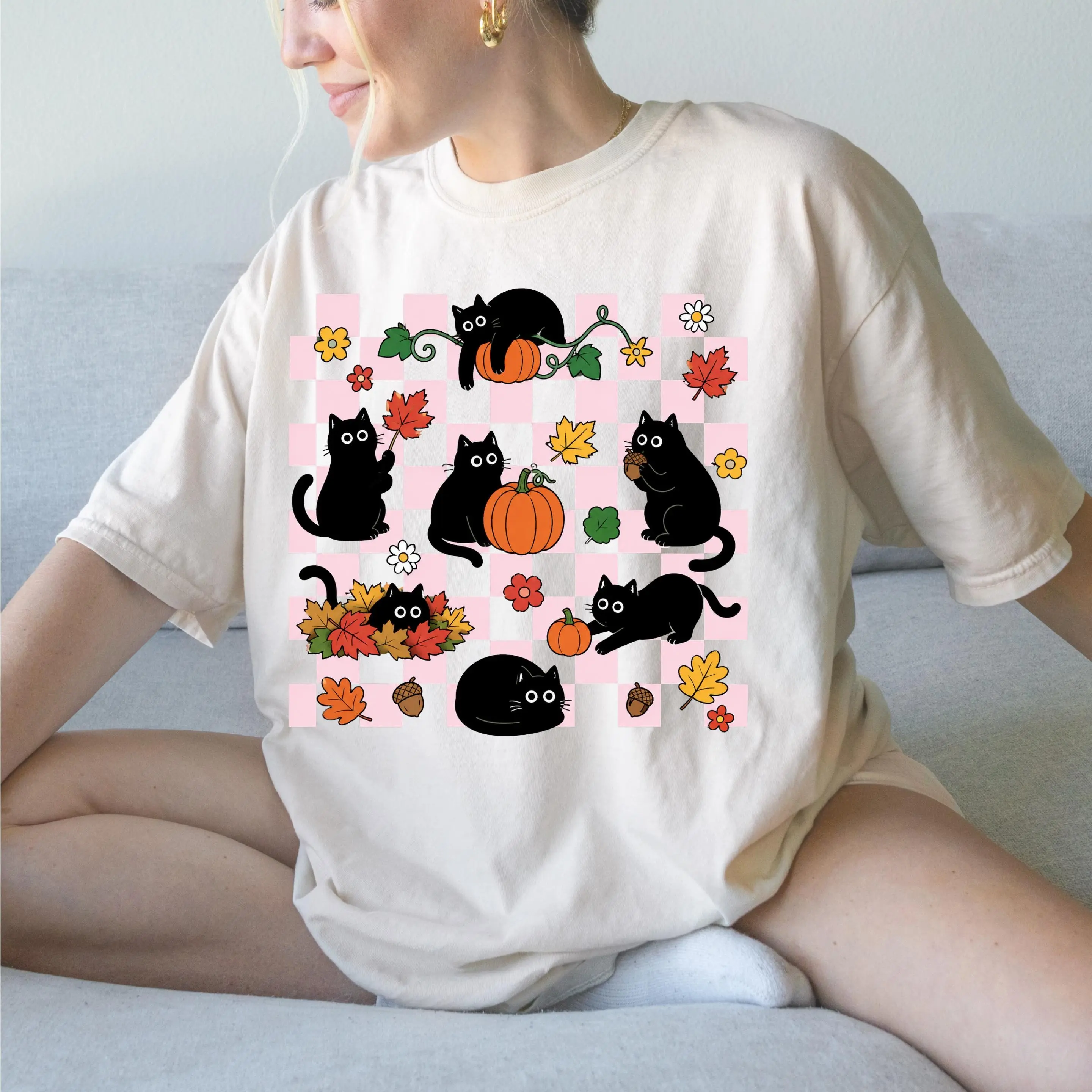 Comfort Colors Fall Black Cat Shirt - Pink Checkerboard Cat Tee, Pumpkin and Floral Autumn Graphic, Cute Cat Lover Gift - photo 5