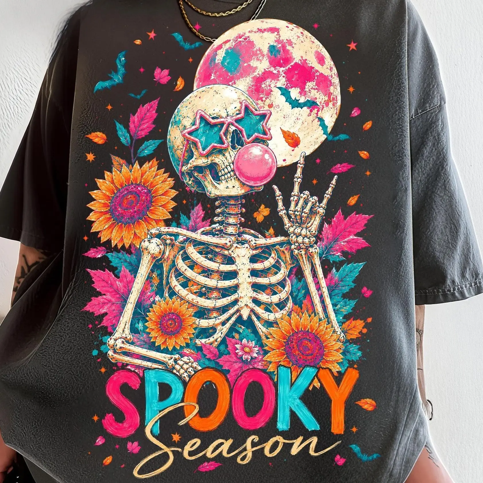 Comfort Colors Boho Floral Skeleton Shirt, Sunflower Bubblegum Skull Retro Autumn Spooky Season Halloween Tee - photo 1
