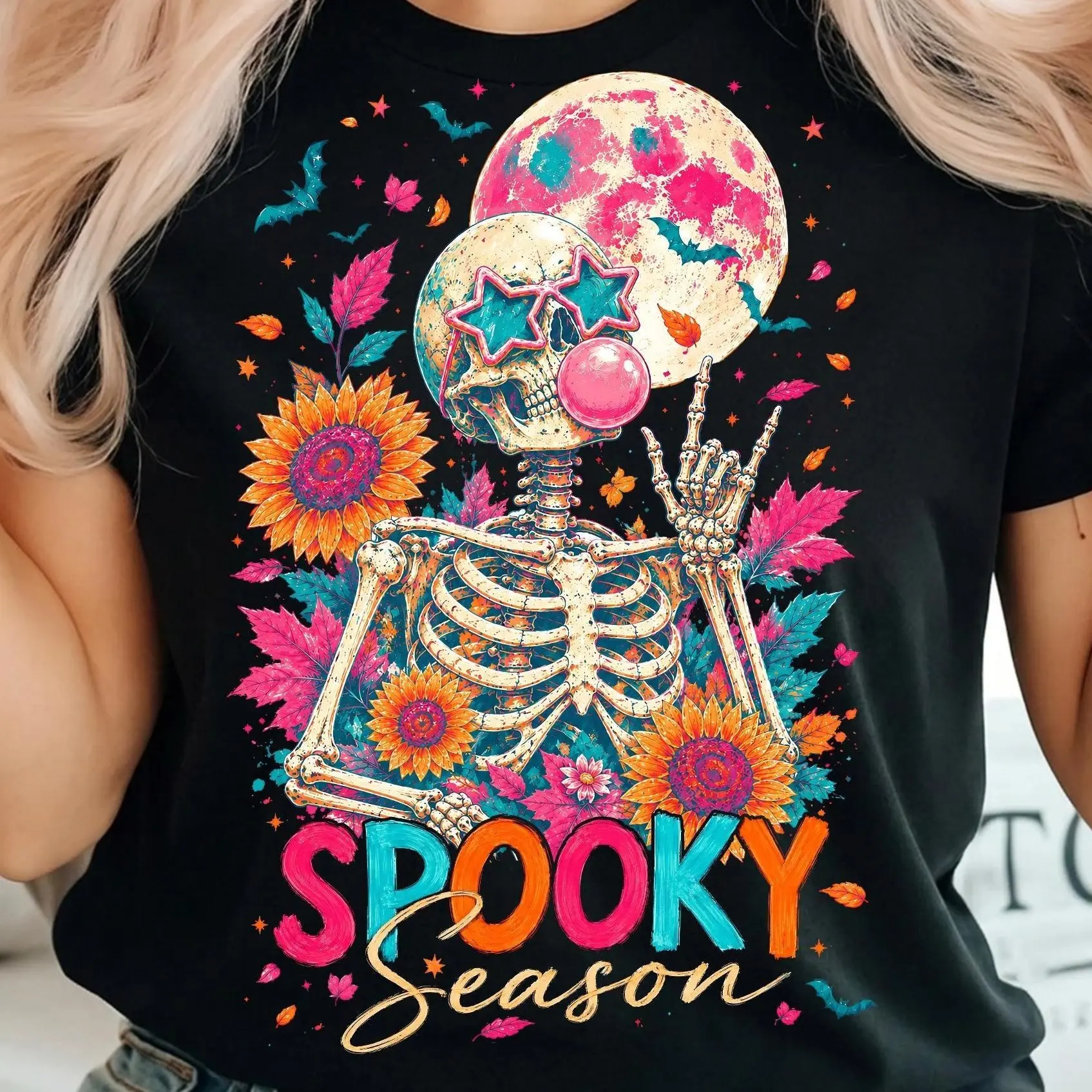 Comfort Colors Boho Floral Skeleton Shirt, Sunflower Bubblegum Skull Retro Autumn Spooky Season Halloween Tee - photo 2