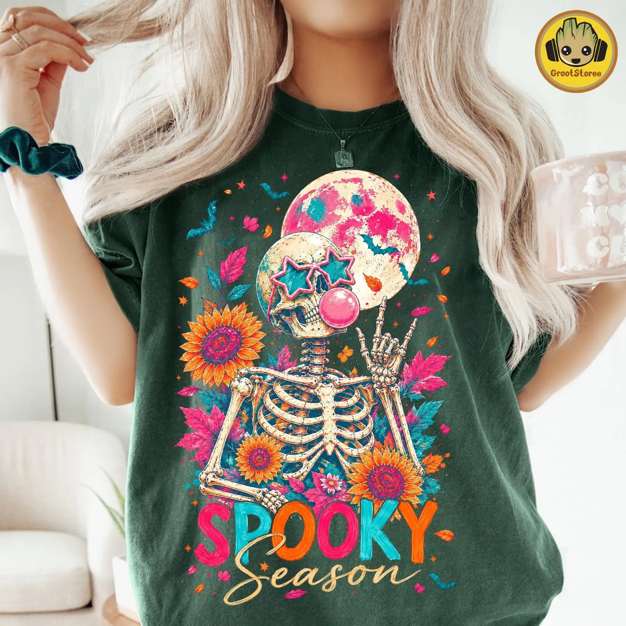 Comfort Colors Boho Floral Skeleton Shirt, Sunflower Bubblegum Skull Retro Autumn Spooky Season Halloween Tee - photo 3