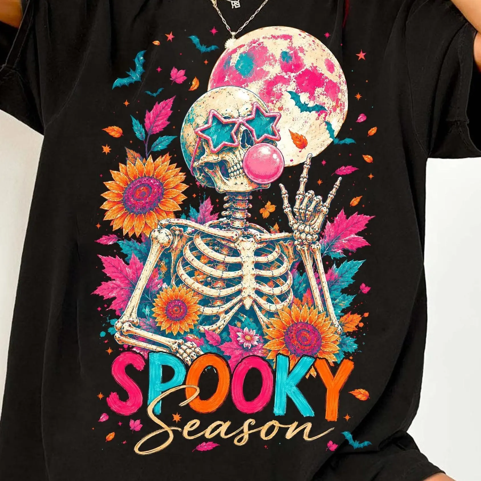 Comfort Colors Boho Floral Skeleton Shirt, Sunflower Bubblegum Skull Retro Autumn Spooky Season Halloween Tee - photo 4